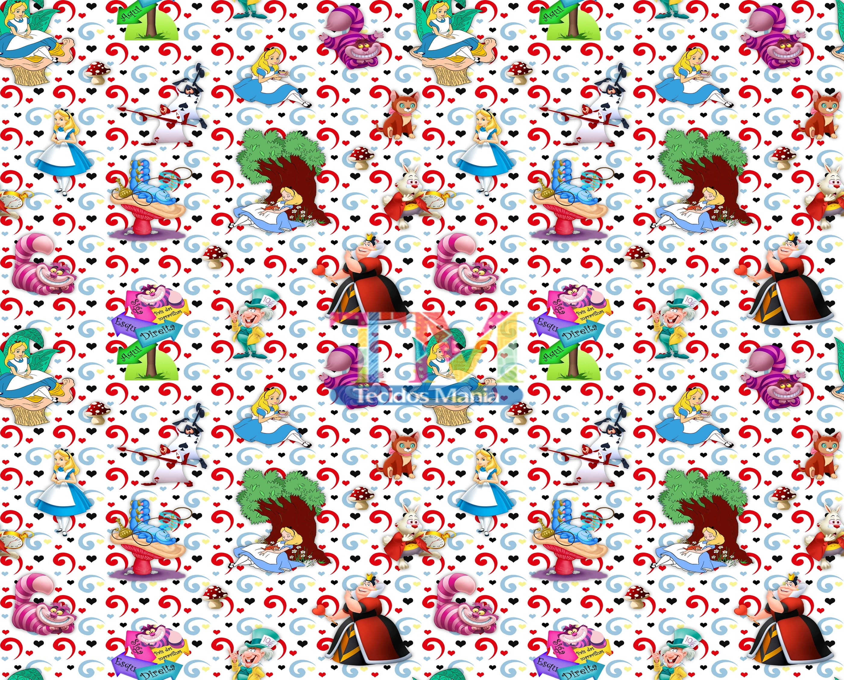 Tecido Oxford Estampa Digital - Alice No Pais Das Maravilhas - Fundo Coração