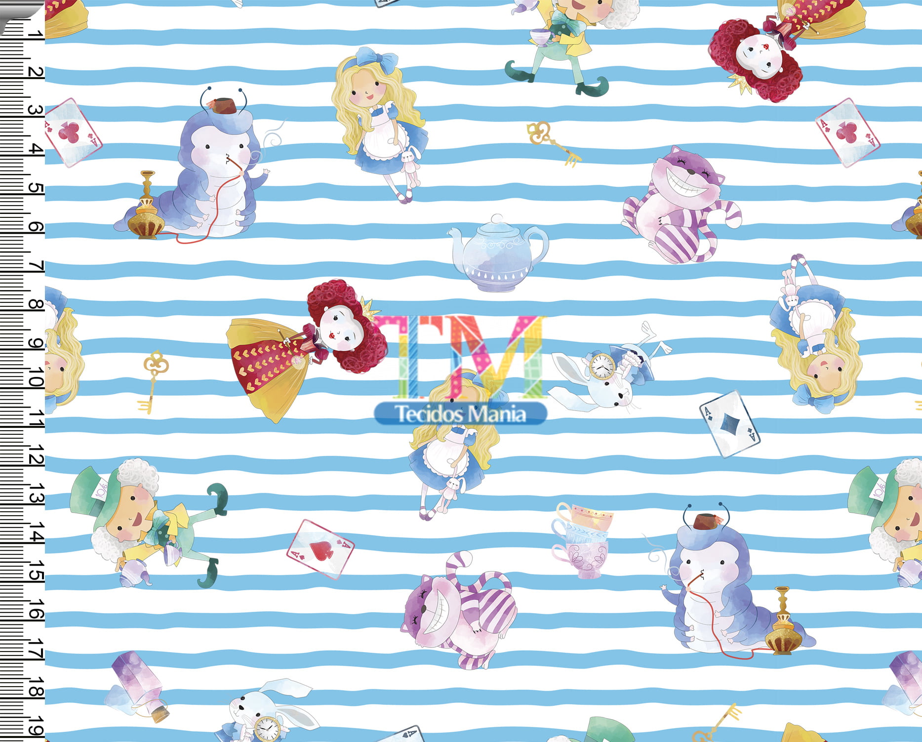 Tecido Oxford Estampa Digital - Alice No Pais Das Maravilhas - Fundo Listras Azul