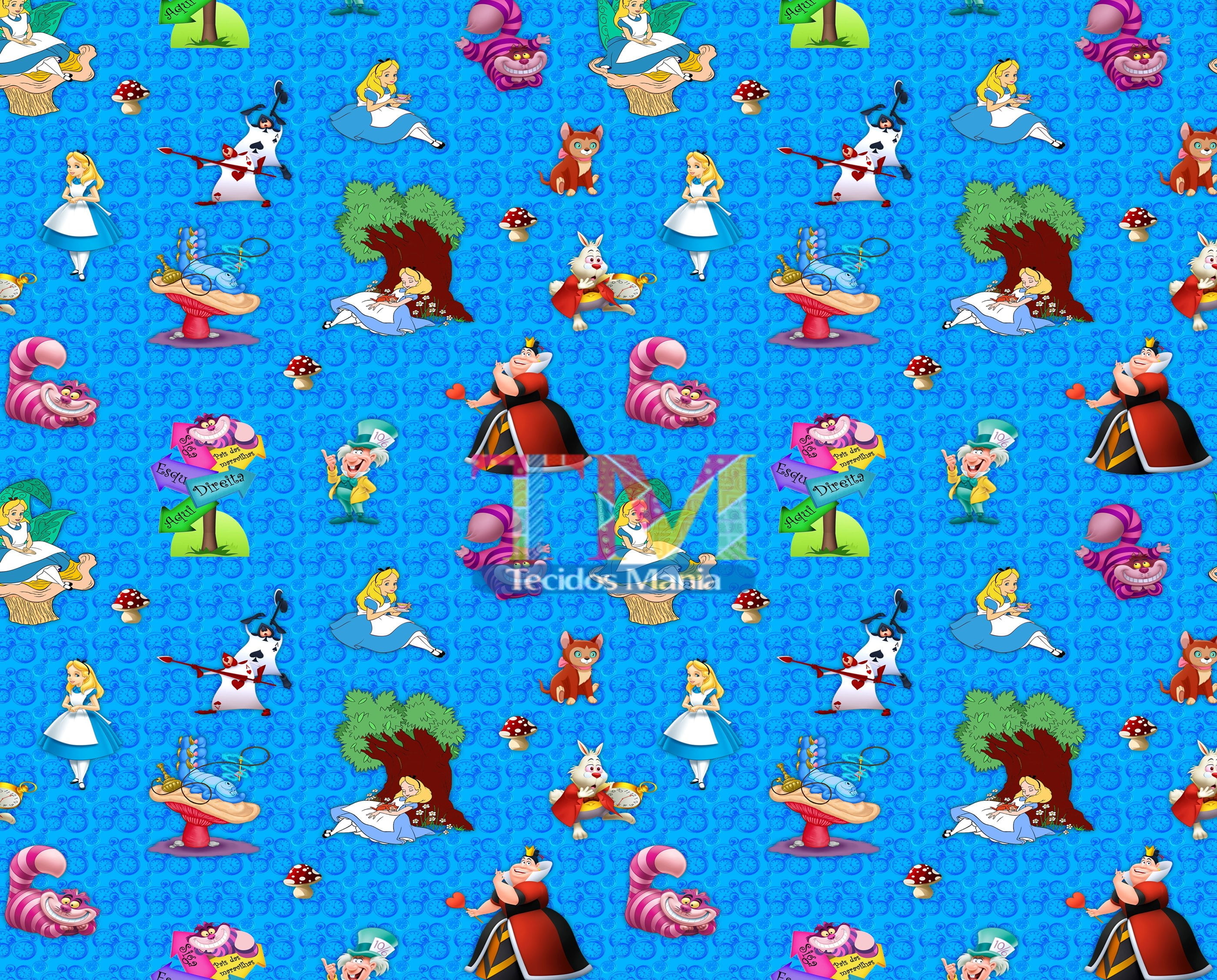 Tecido Oxford Estampa Digital - Alice No Pais Das Maravilhas - Fundo Relógio