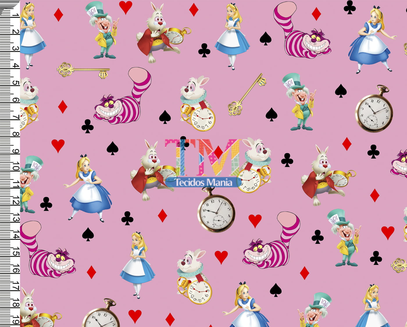 Tecido Oxford Estampa Digital - Alice No Pais Das Maravilhas - Fundo Rosa