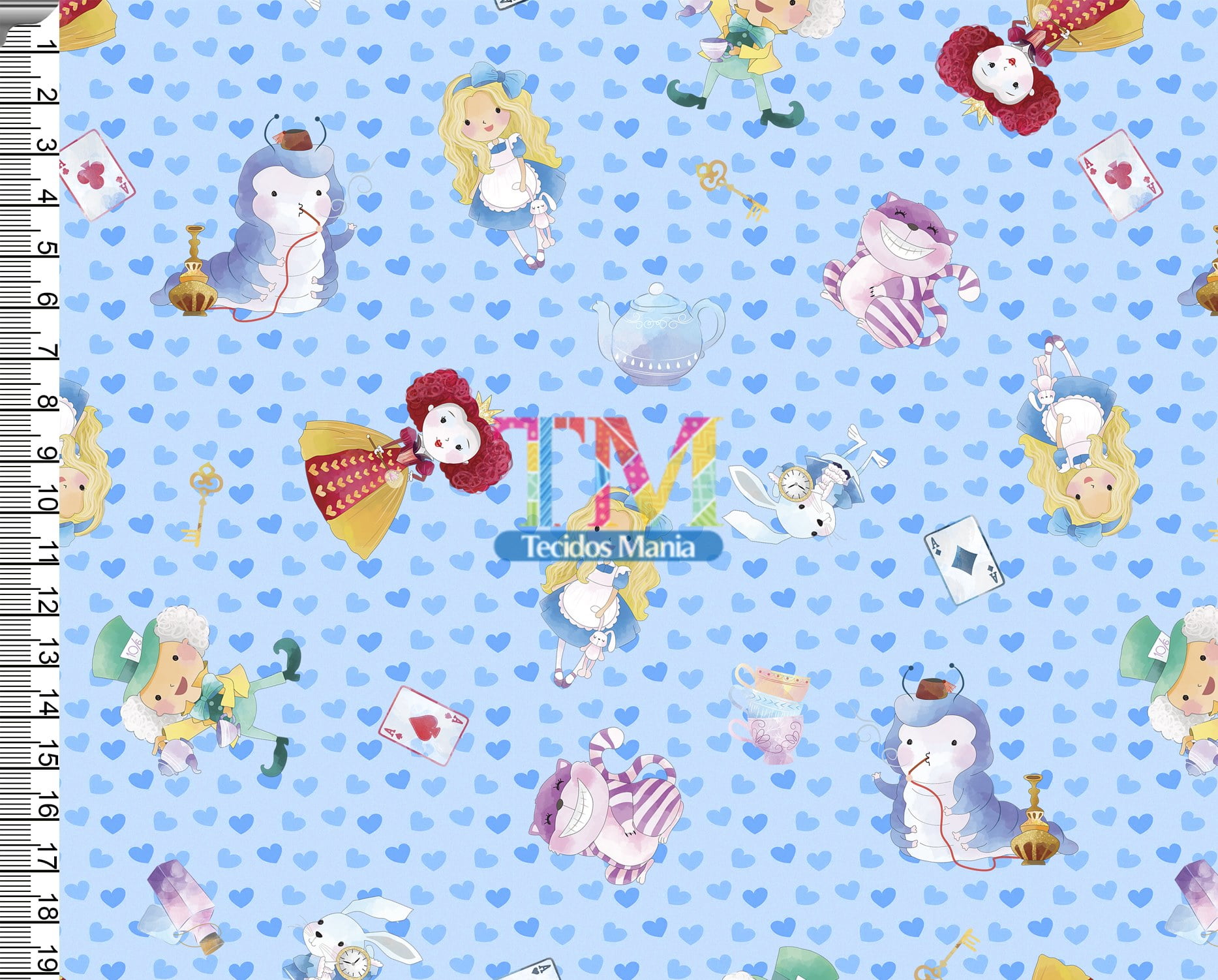 Tecido Oxford Estampa Digital - Alice No Pais Das Maravilhas -Toys - Fundo Azul