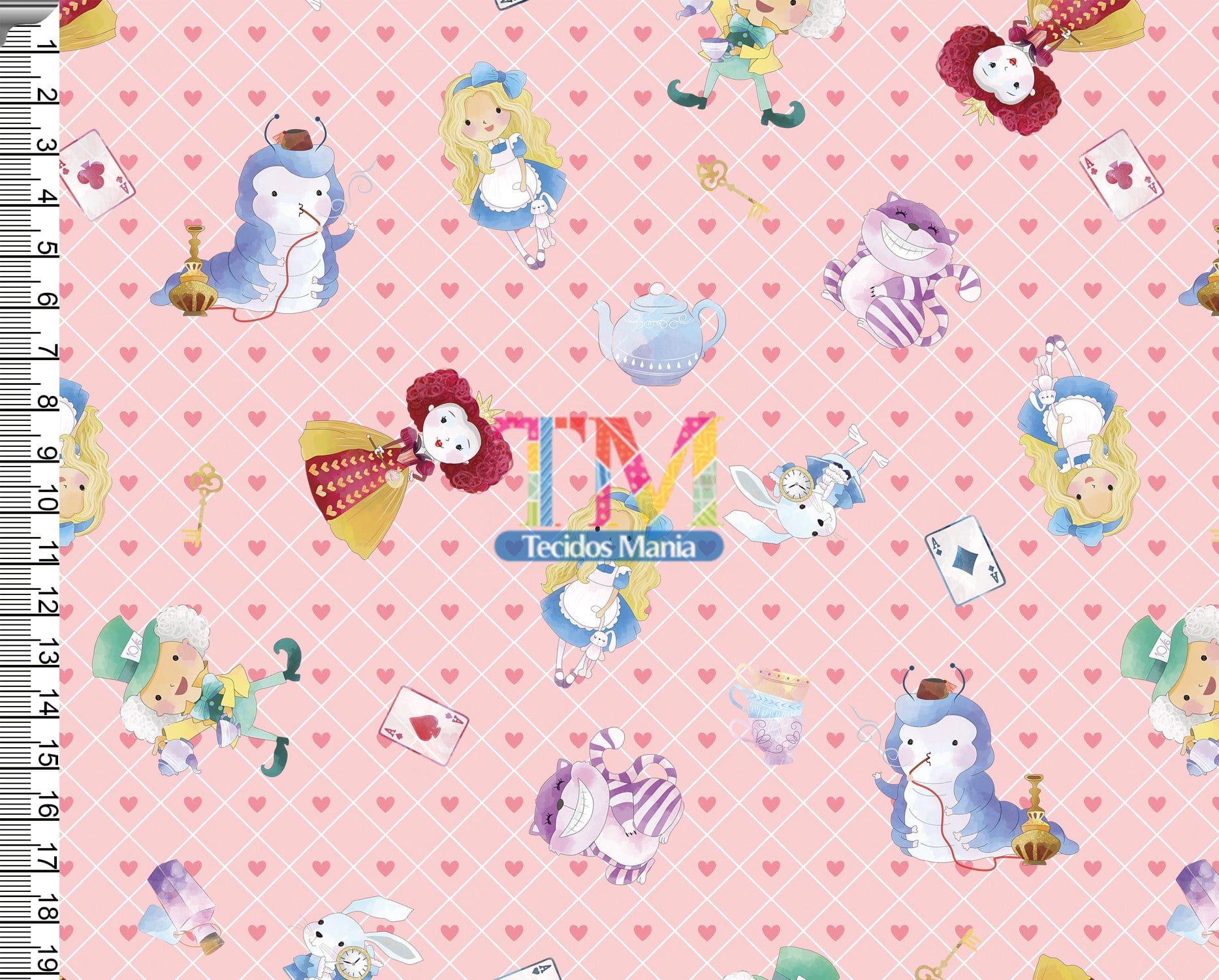 Tecido Oxford Estampa Digital - Alice No Pais Das Maravilhas -Toys - Fundo Rosa