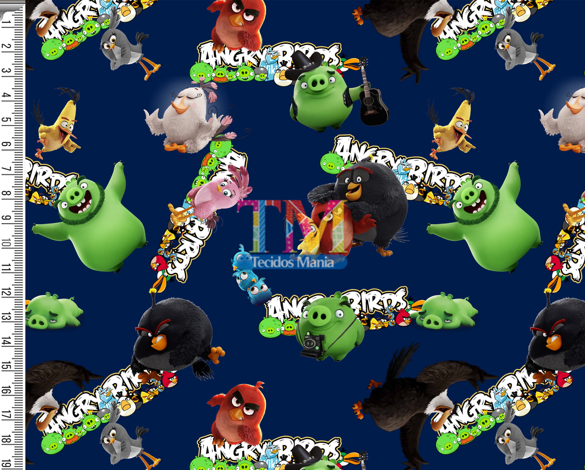 Tecido Oxford Estampa Digital - Angry Birds E Sua Turma - Fundo Azul Marinho