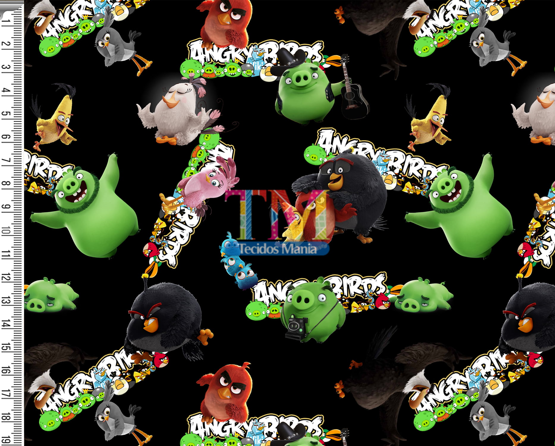 Tecido Oxford Estampa Digital - Angry Birds E Sua Turma - Fundo Preto