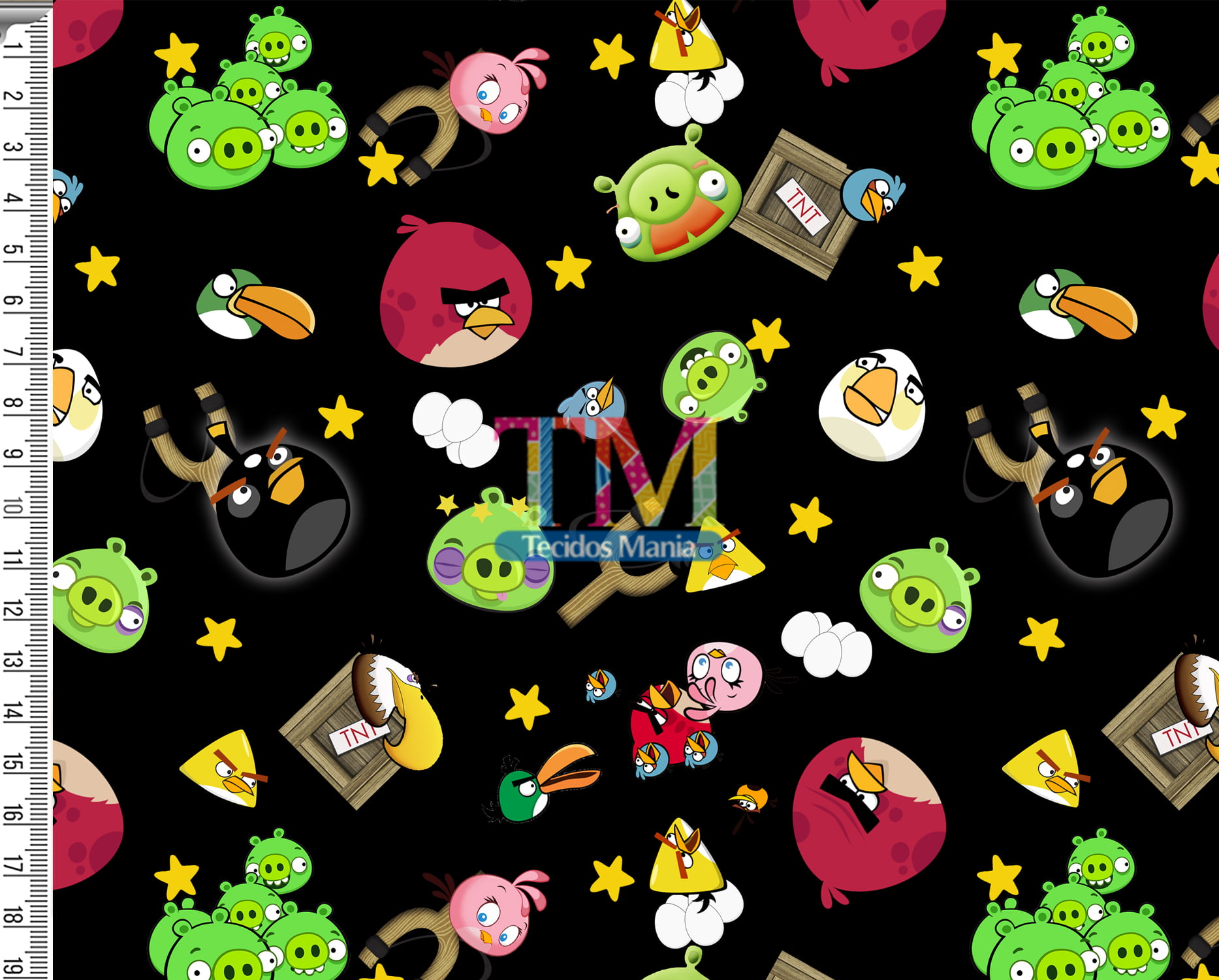 Tecido Oxford Estampa Digital - Angry Birds - Estrelas - Fundo Preto