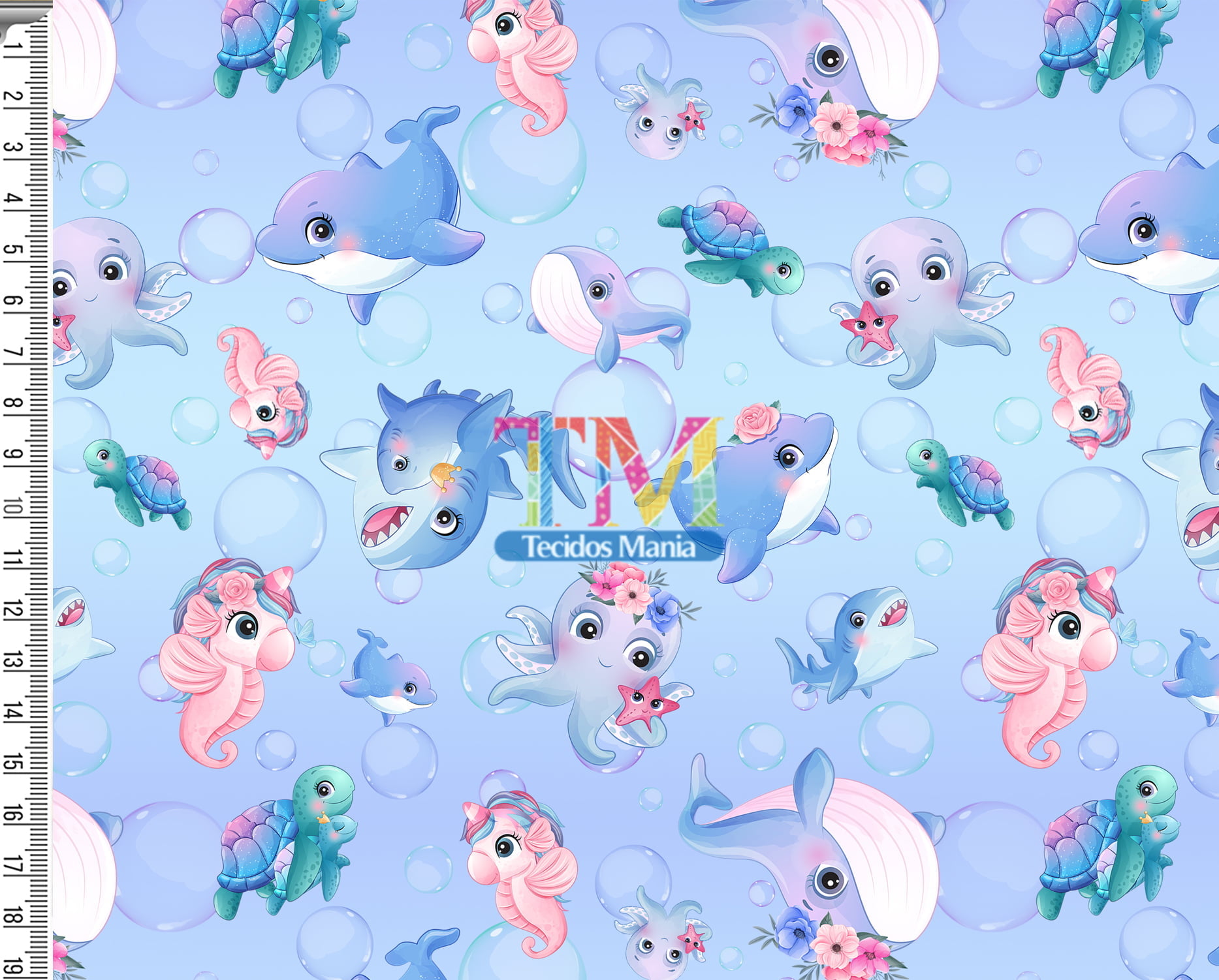 Tecido Oxford Estampa Digital - Animais Marinhos Baby - Fundo Azul