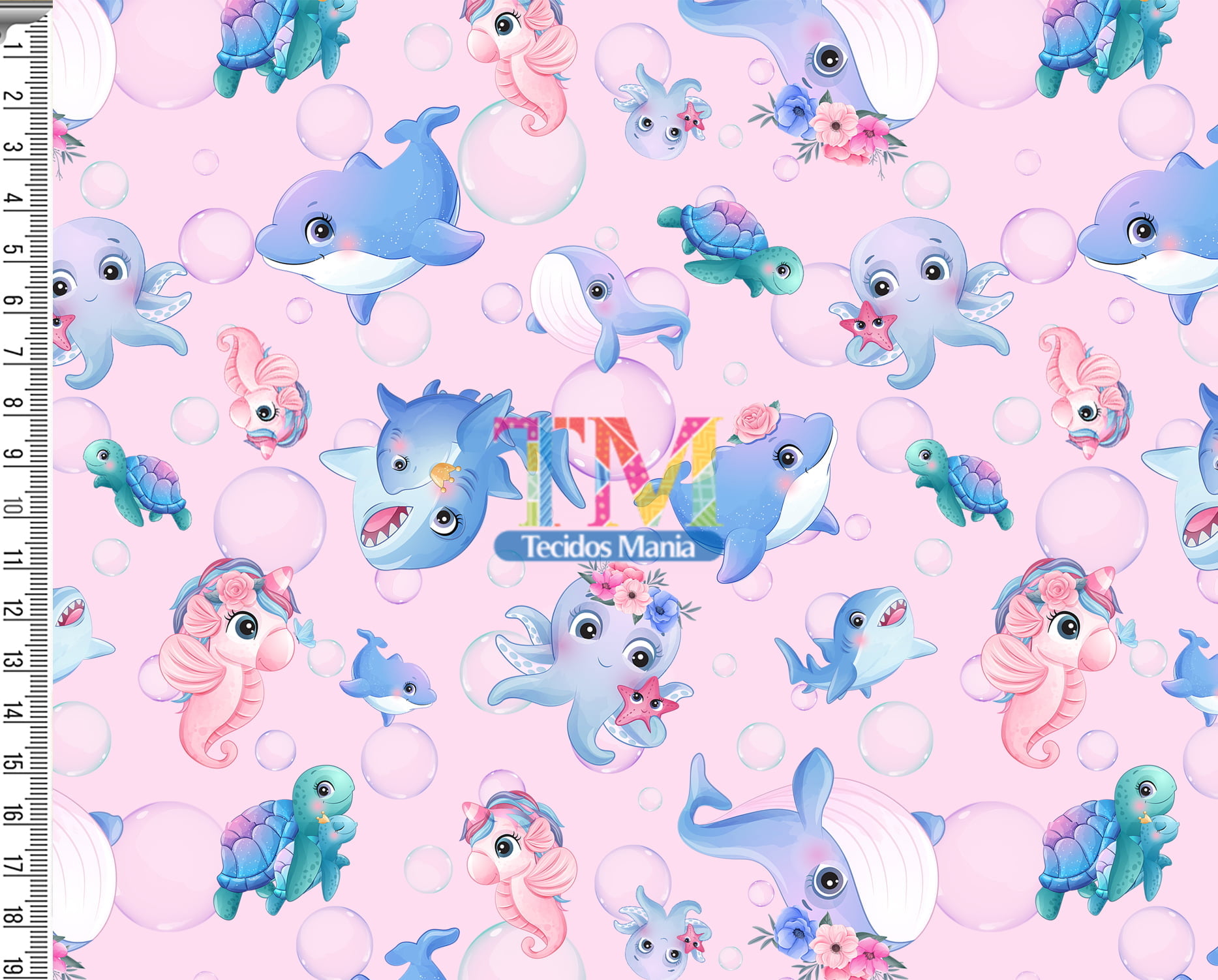 Tecido Oxford Estampa Digital - Animais Marinhos Baby - Fundo Rosa