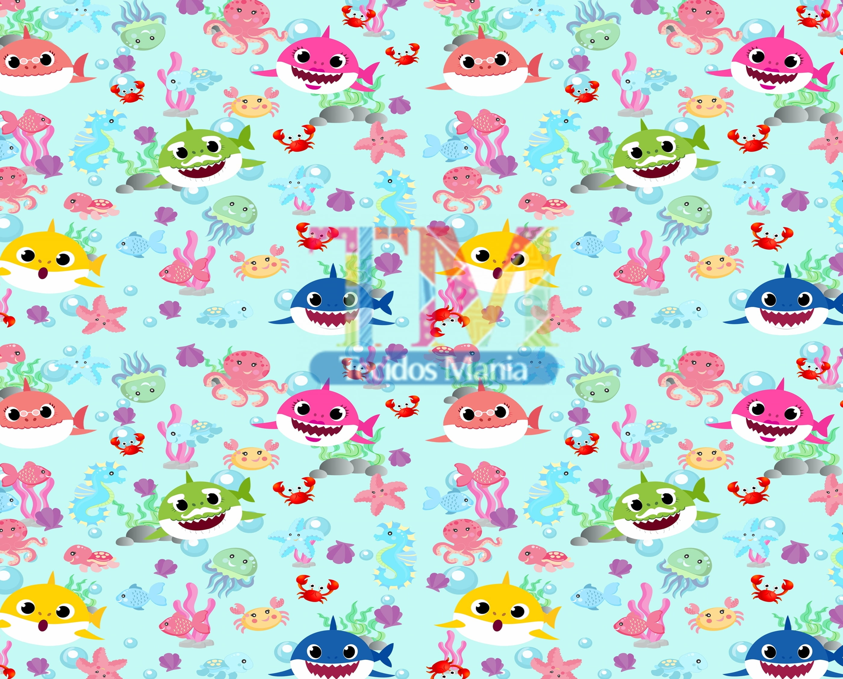 Tecido Oxford Estampa Digital - Baby Shark - Fundo Do Mar