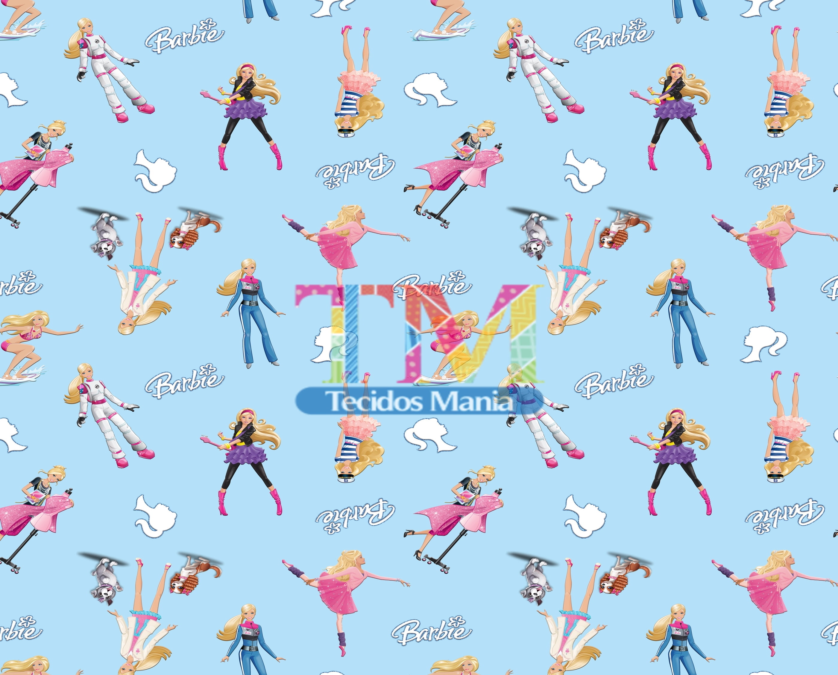 Tecido Oxford Estampa Digital - Barbie Profissões - Fundo Azul
