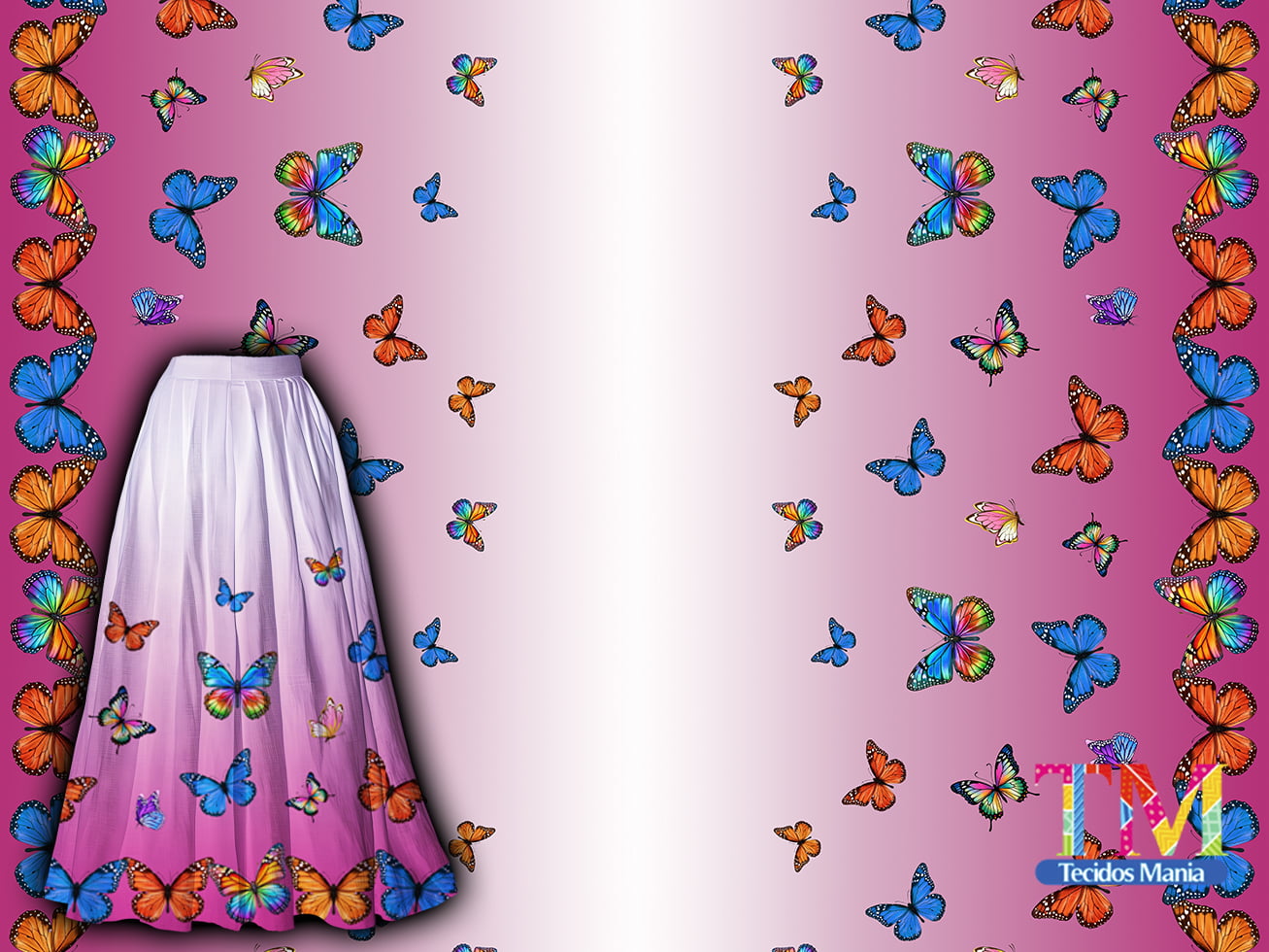 Tecido Oxford Estampa Digital - Barrado - Borboletas - Degradê Rosa