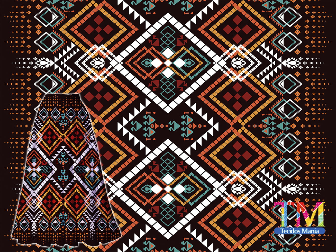 Tecido Oxford Estampa Digital - Barrado - étnico - oriental - laranja e amarelo