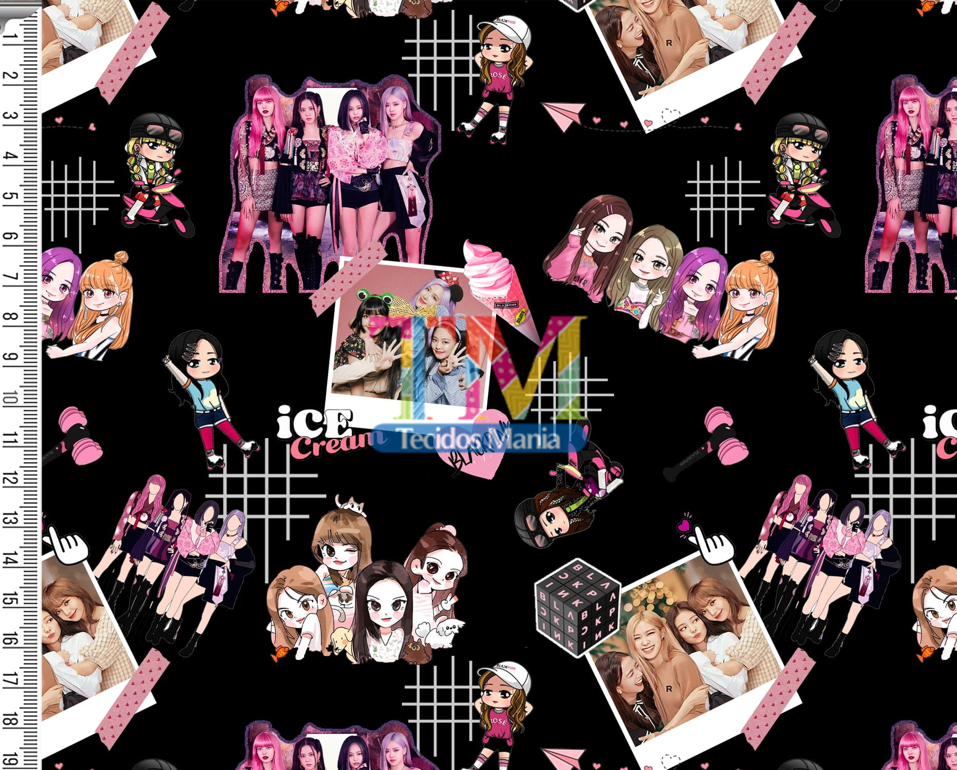 Tecido Oxford Estampa Digital - Blackpink - Ice Cream - Fundo Preto
