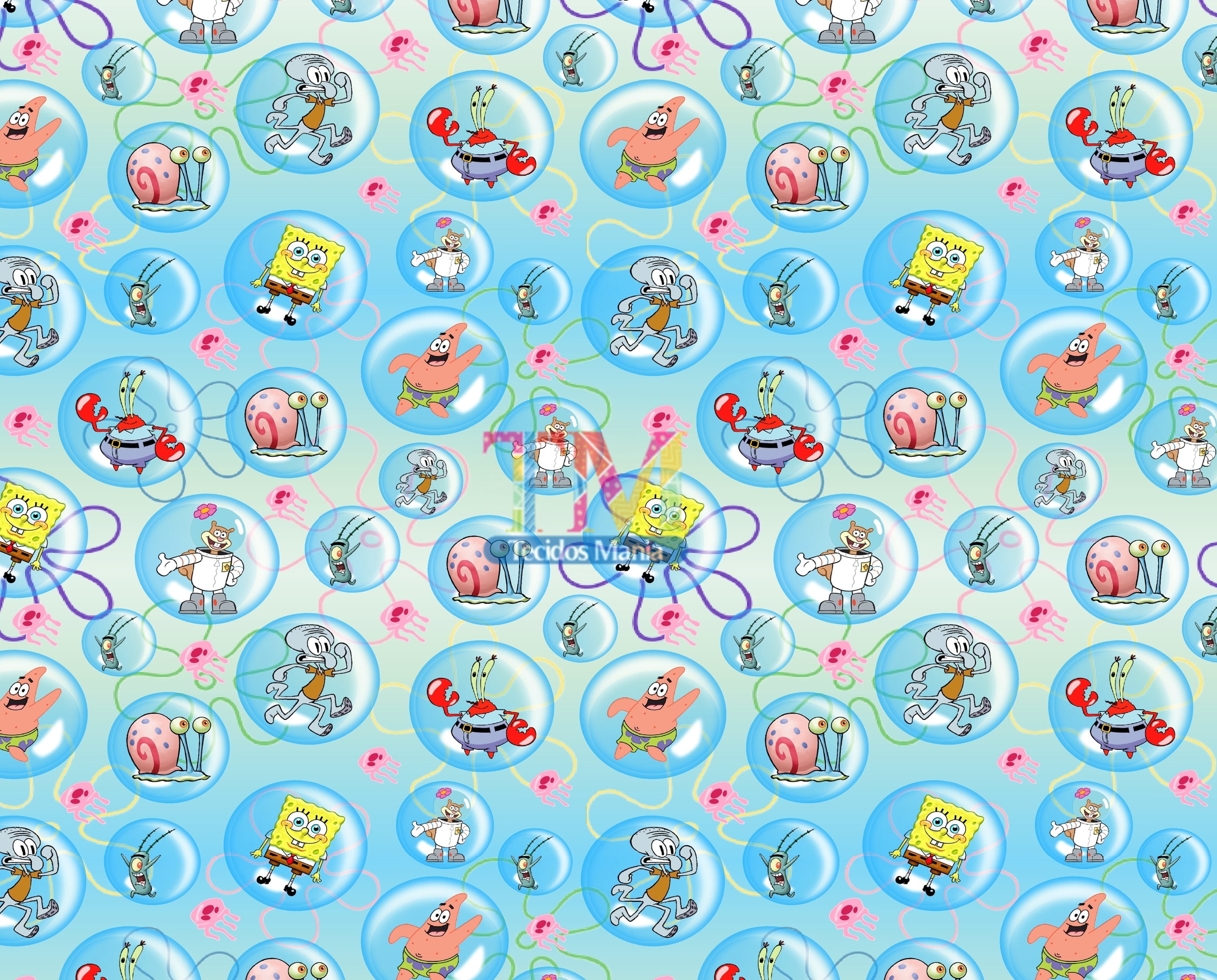 Tecido Oxford Estampa Digital - Bob Esponja Bolhas - Fundo Azul