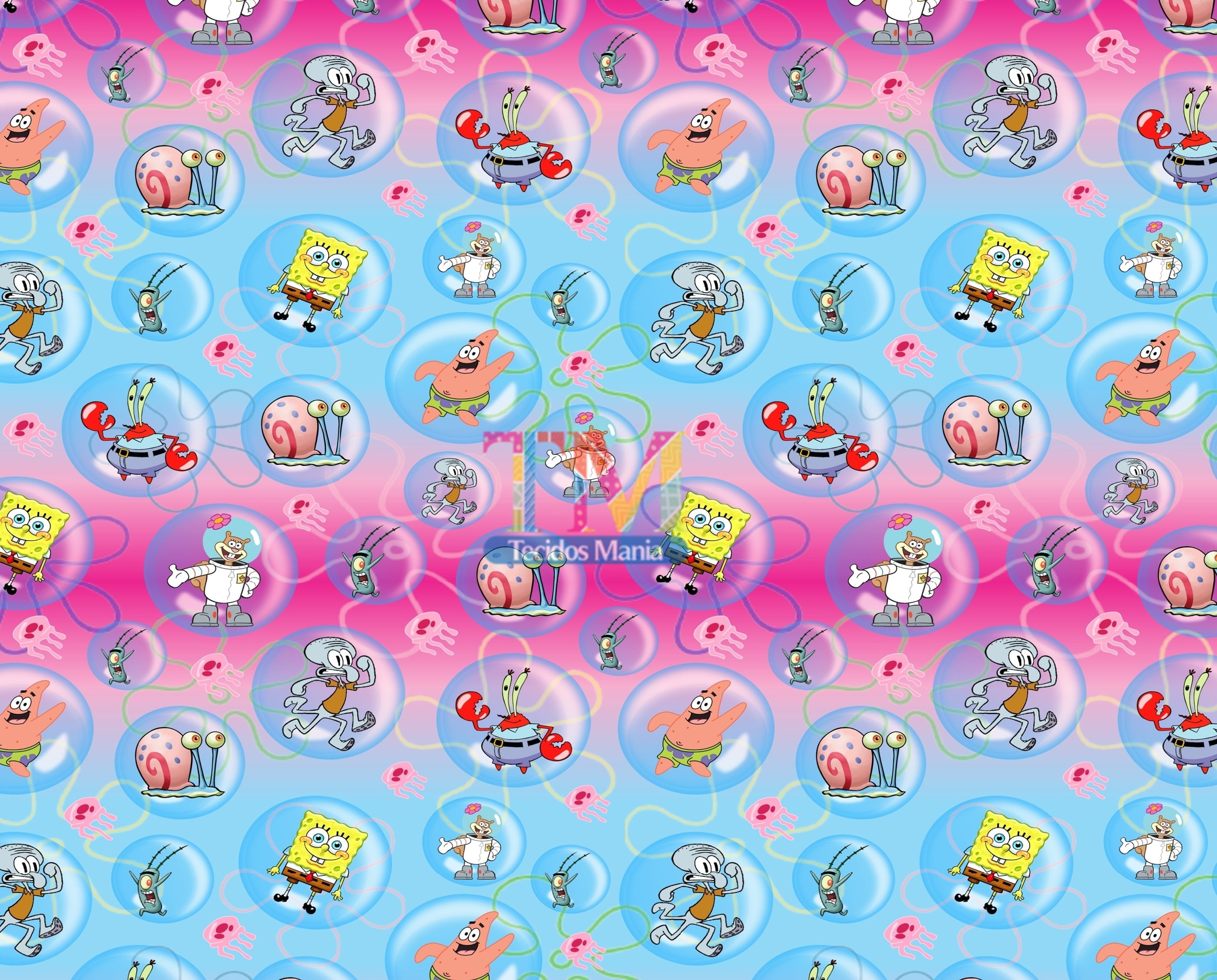 Tecido Oxford Estampa Digital - Bob Esponja Bolhas - Fundo Azul Com Rosa