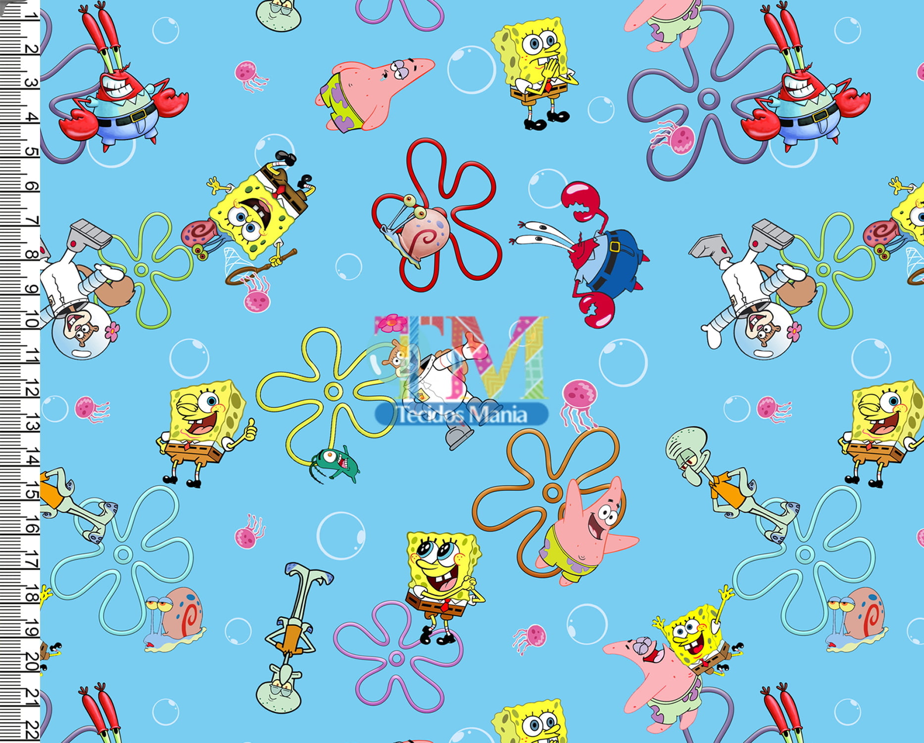 Tecido Oxford Estampa Digital - Bob Esponja - Fenda Do Biquini - Fundo Azul