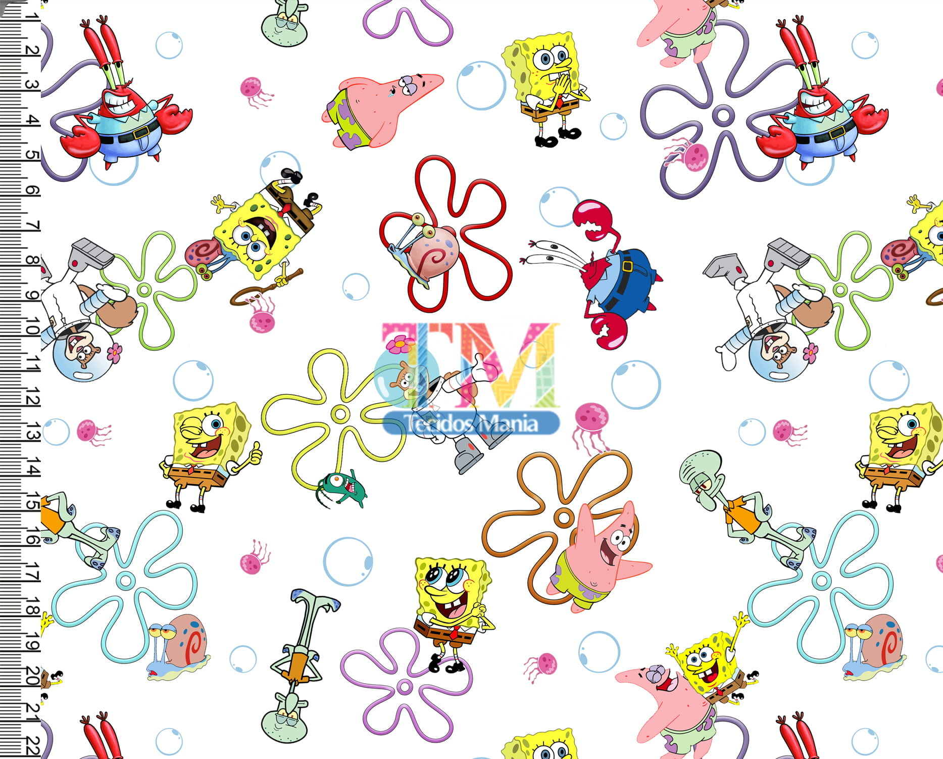 Tecido Oxford Estampa Digital - Bob Esponja - Fenda Do Biquini - Fundo Branco