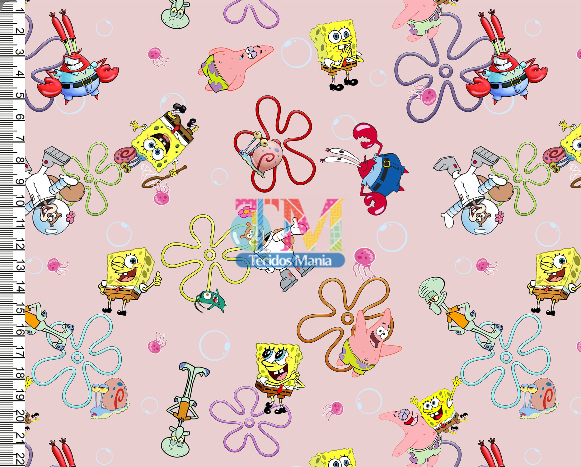 Tecido Oxford Estampa Digital - Bob Esponja - Fenda Do Biquini - Fundo Rosa