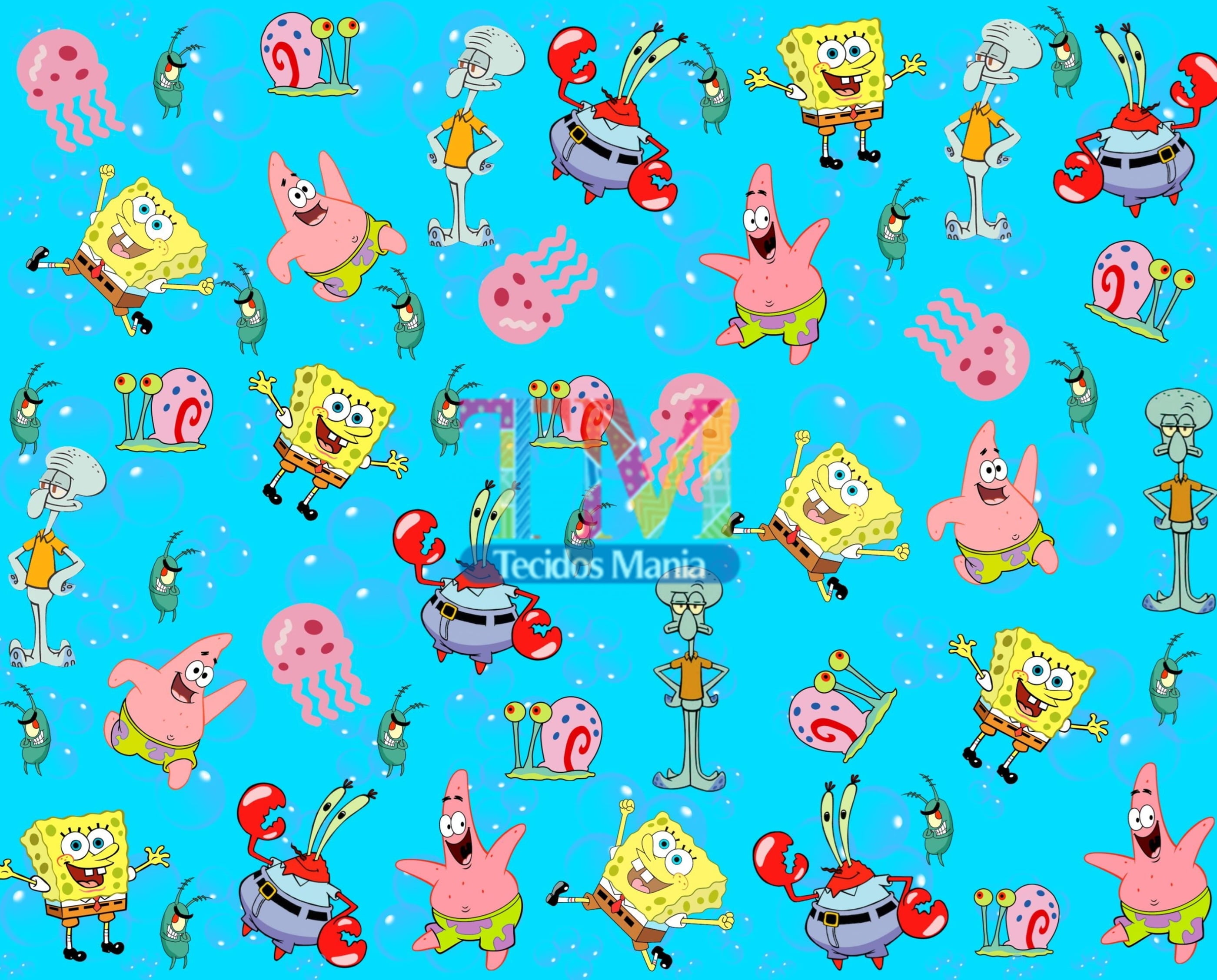 Tecido Oxford Estampa Digital - Bob Esponja - Fundo Azul