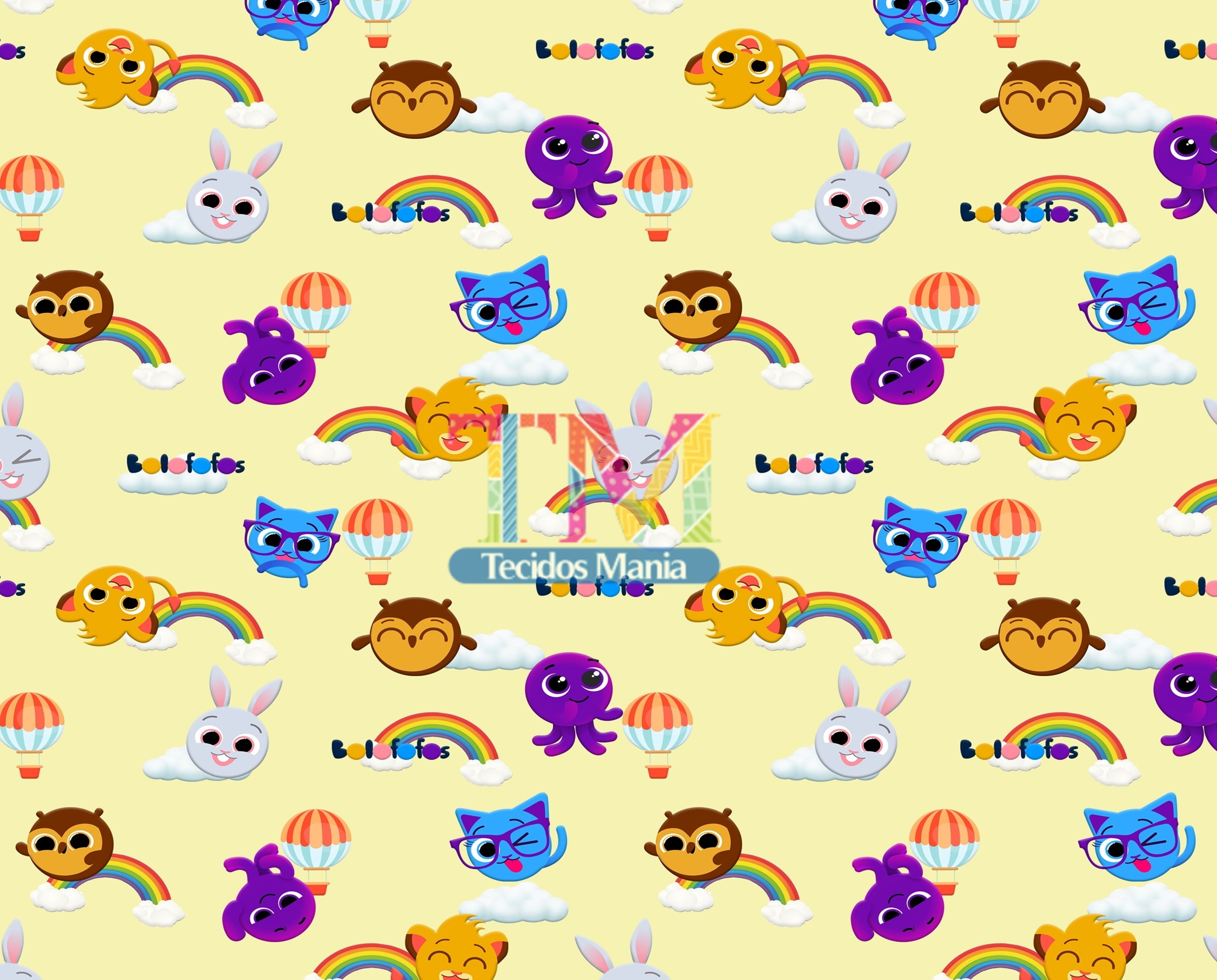 Tecido Oxford Estampa Digital - Bolofofos - Fundo Amarelo