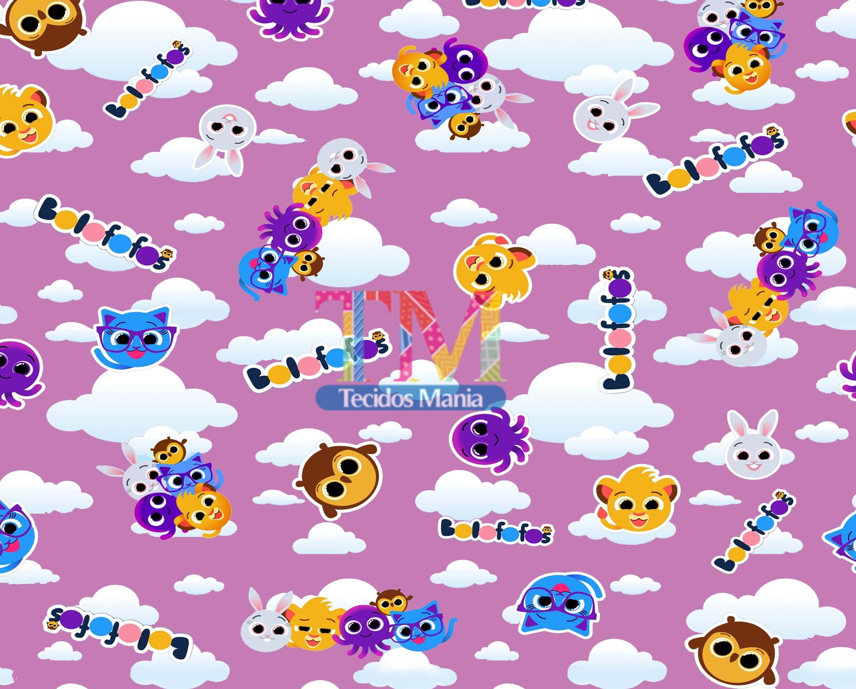 Tecido Oxford Estampa Digital - Bolofofos - Fundo Rosa