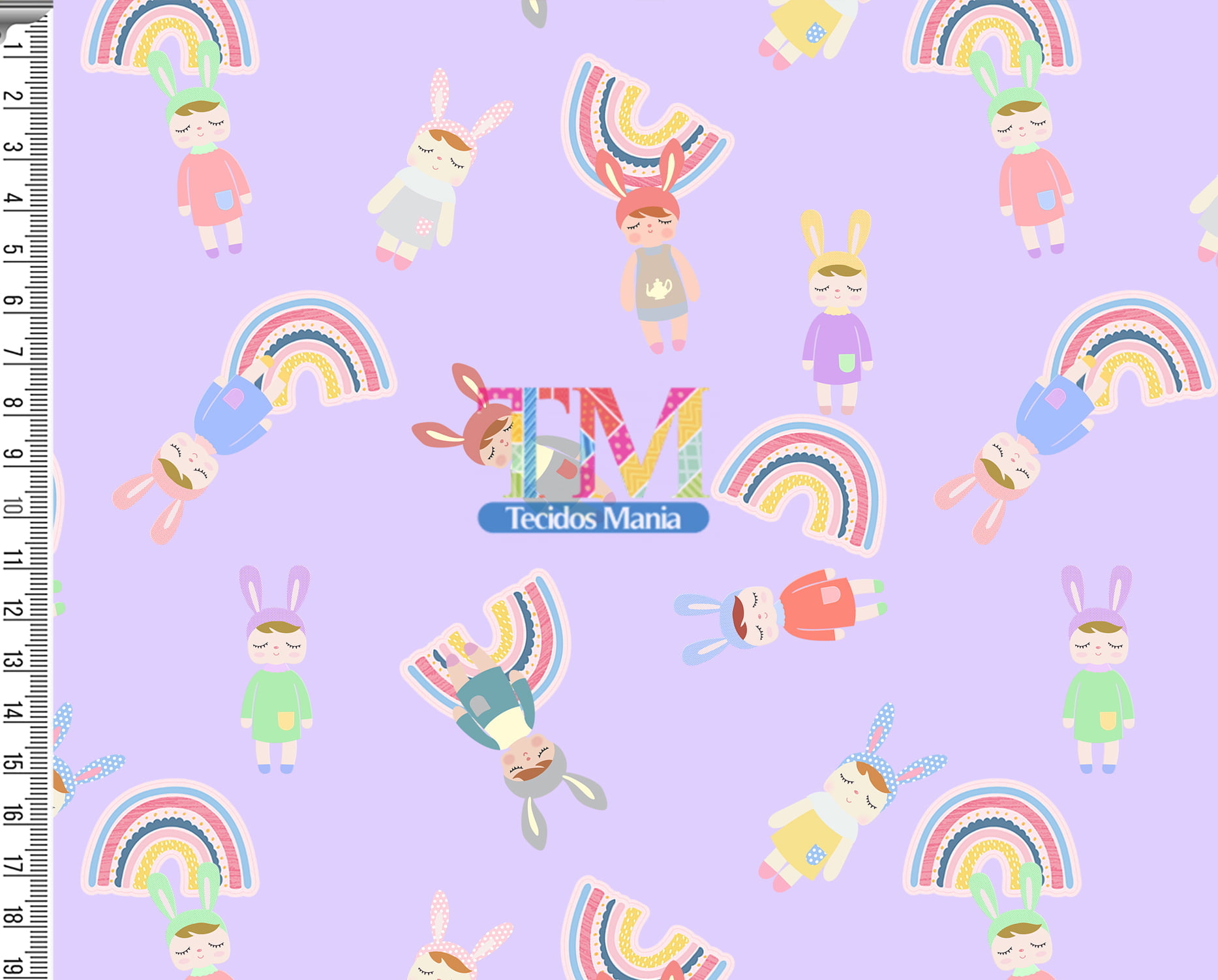 Tecido Oxford Estampa Digital - Boneca Metoo Doll - Arco Iris - Fundo Lilás