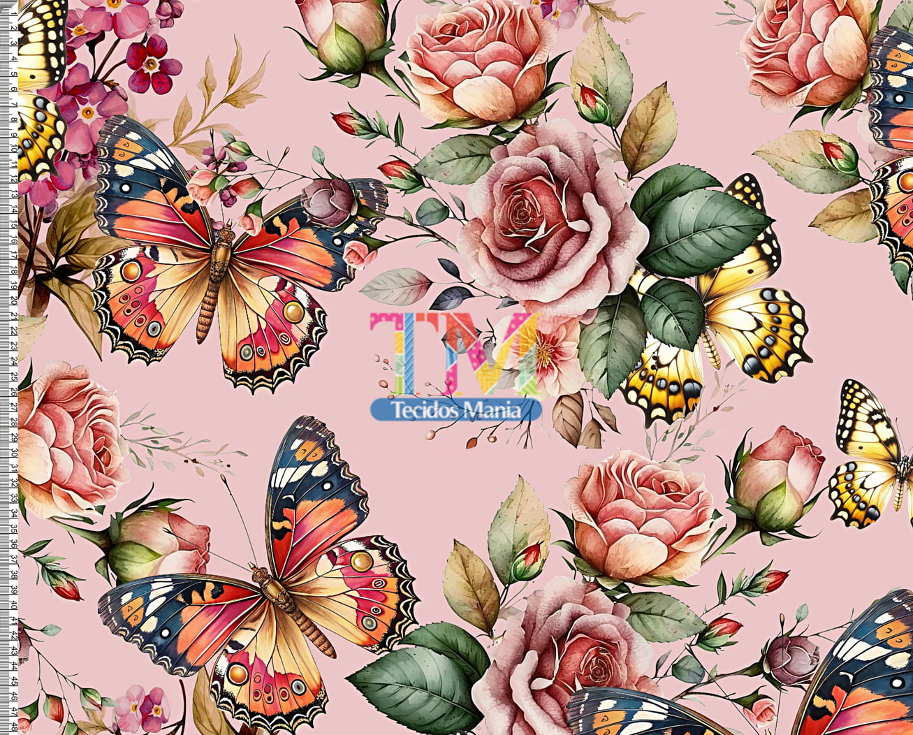 Tecido Oxford Estampa Digital - Borboletas E Rosas - Fundo Rosa 3D
