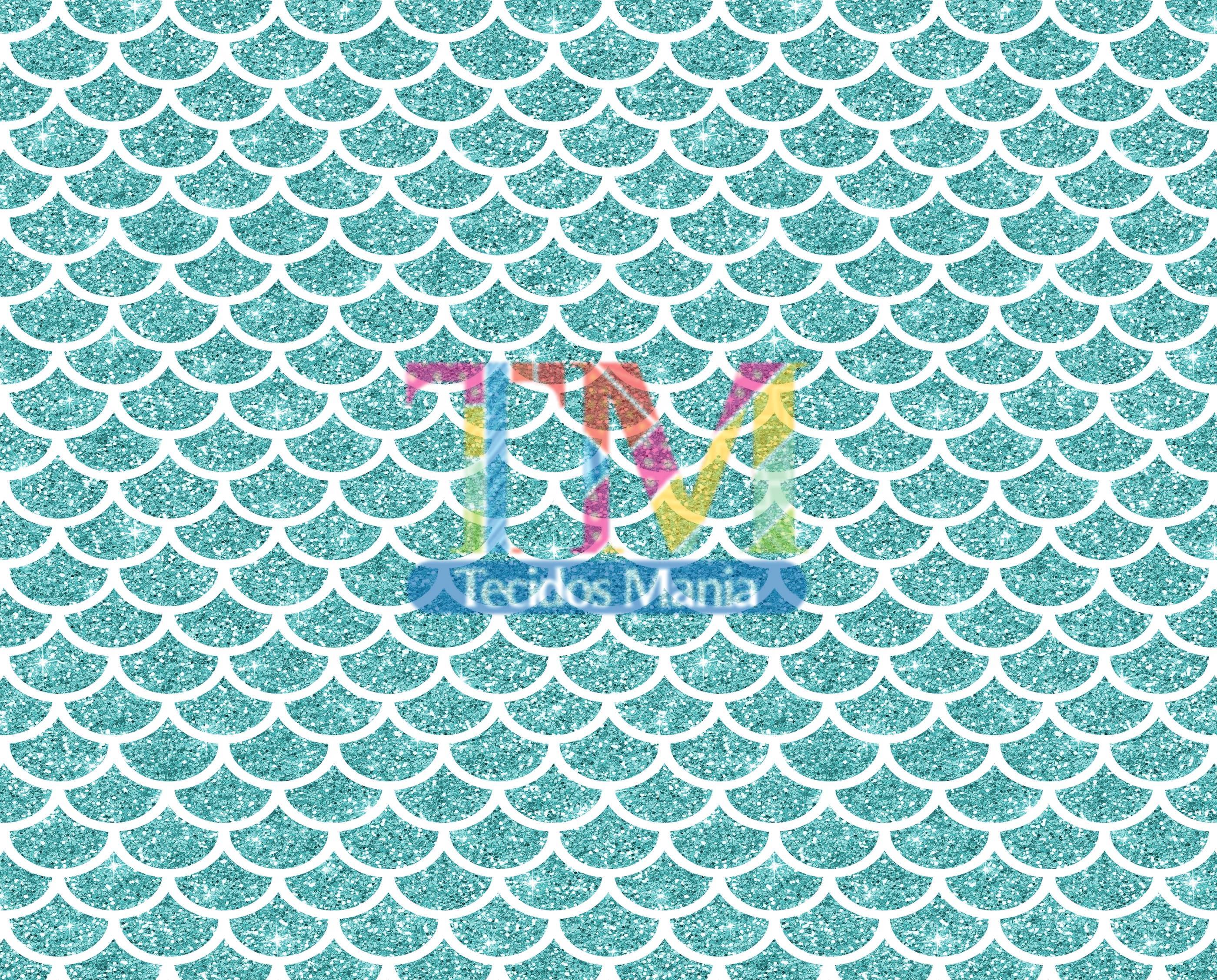 Tecido Oxford Estampa Digital - Cauda de Sereia - Glitter - Tiffany