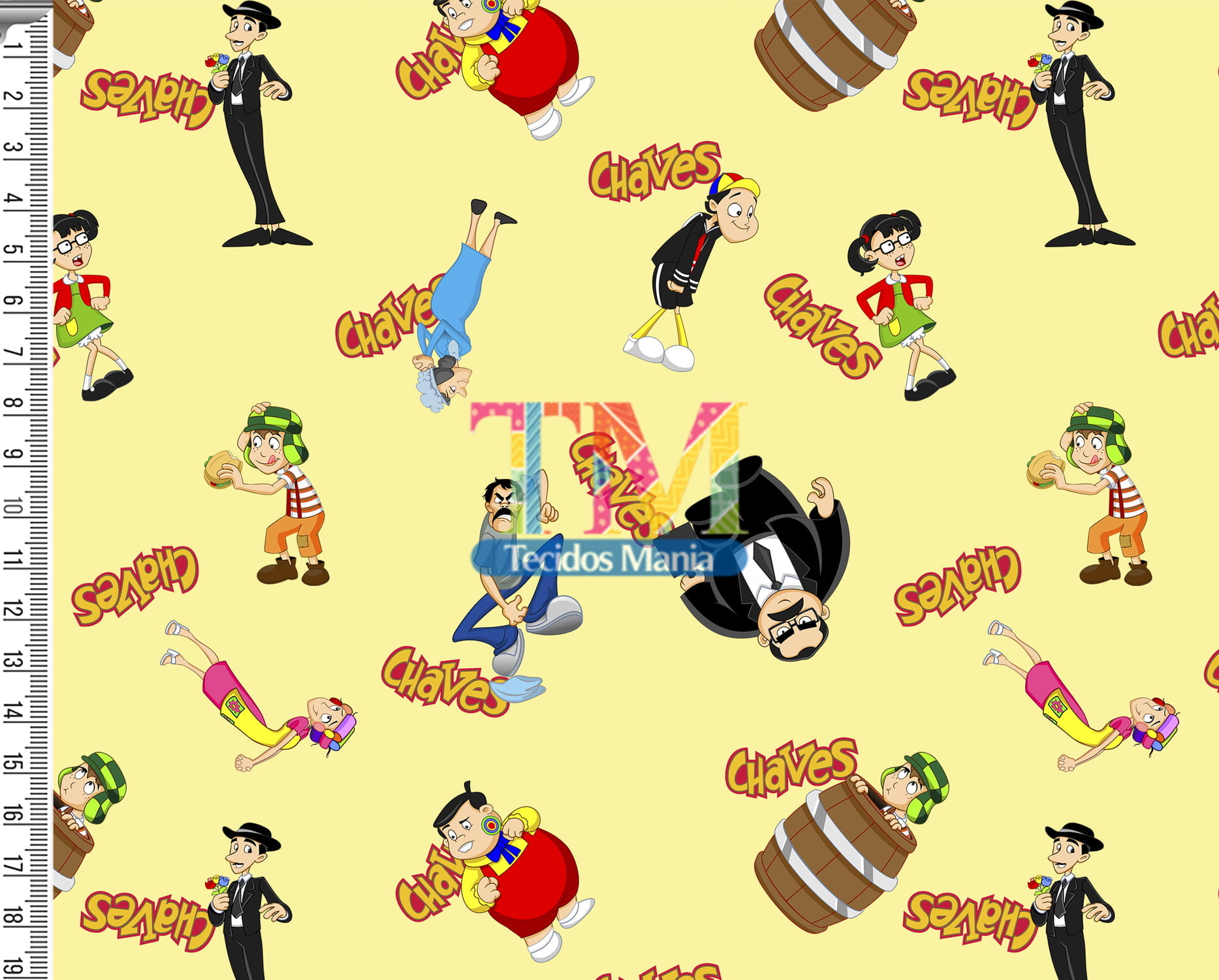 Tecido Oxford Estampa Digital - Chaves Em Desenho Animado - Fundo Amarelo