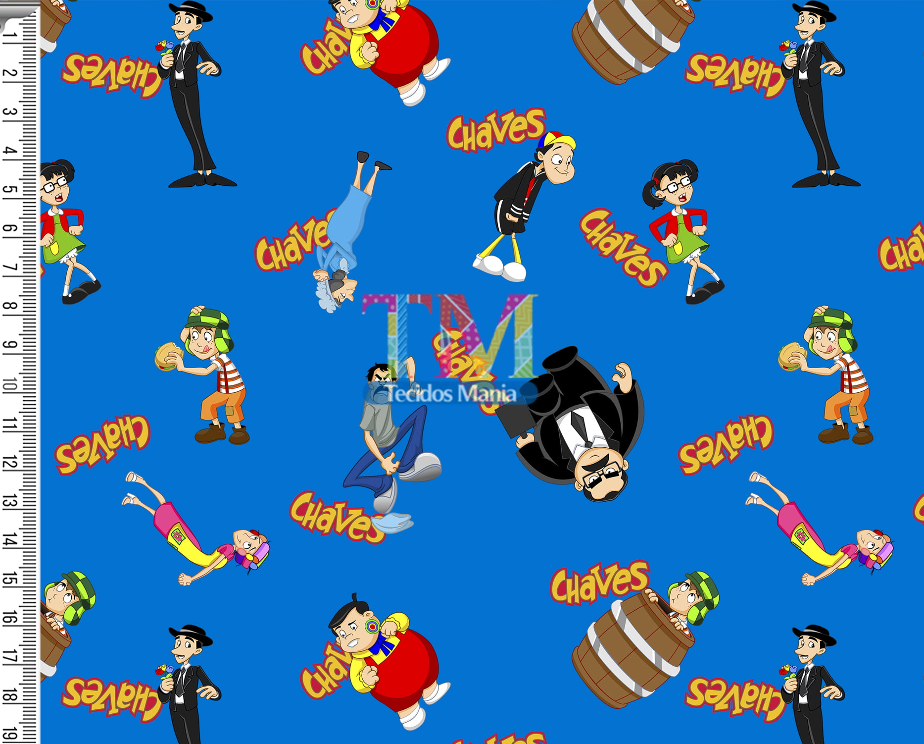 Tecido Oxford Estampa Digital - Chaves Em Desenho Animado - Fundo Azul