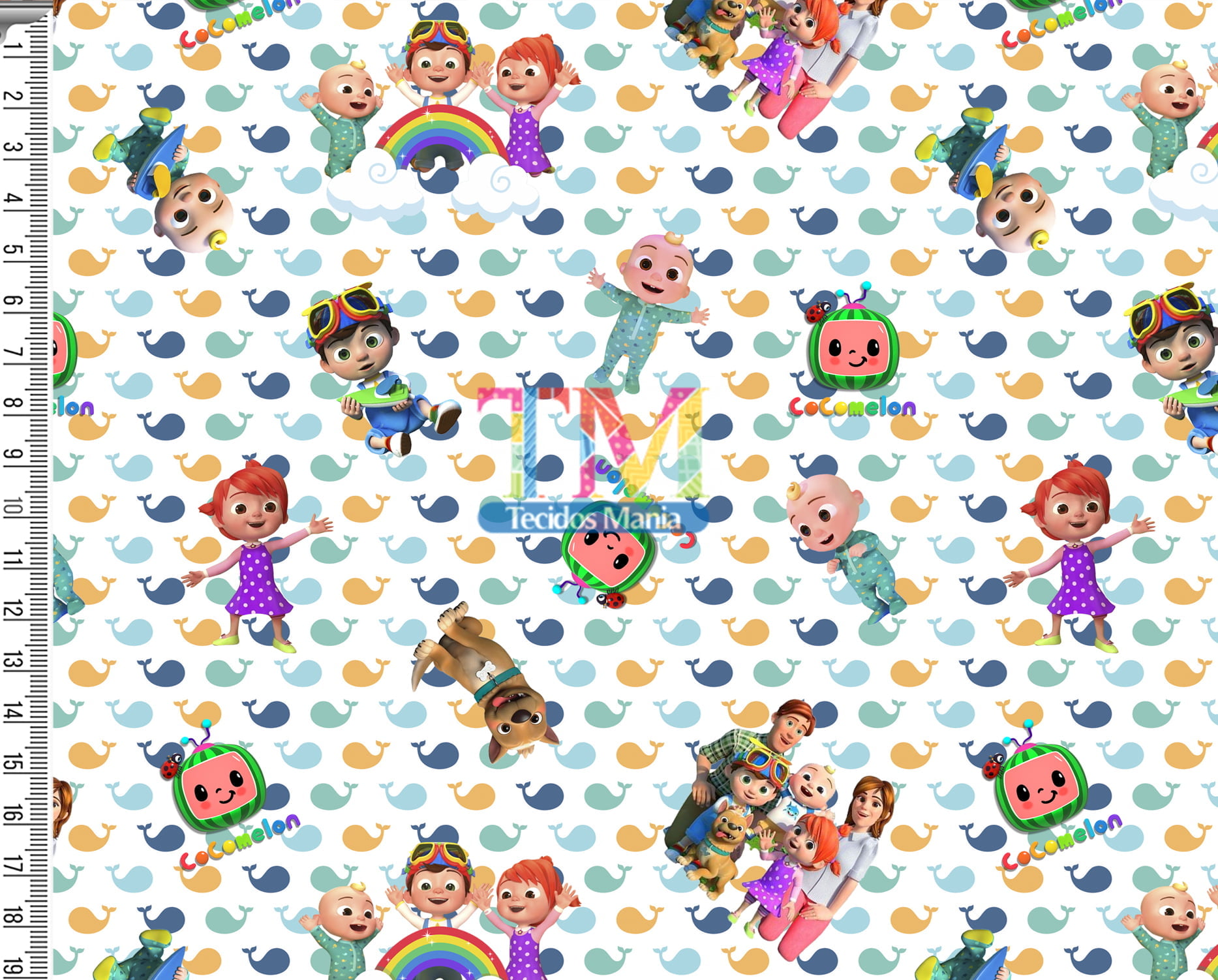 Tecido Oxford Estampa Digital - Cocomelon - Fundo Baleia