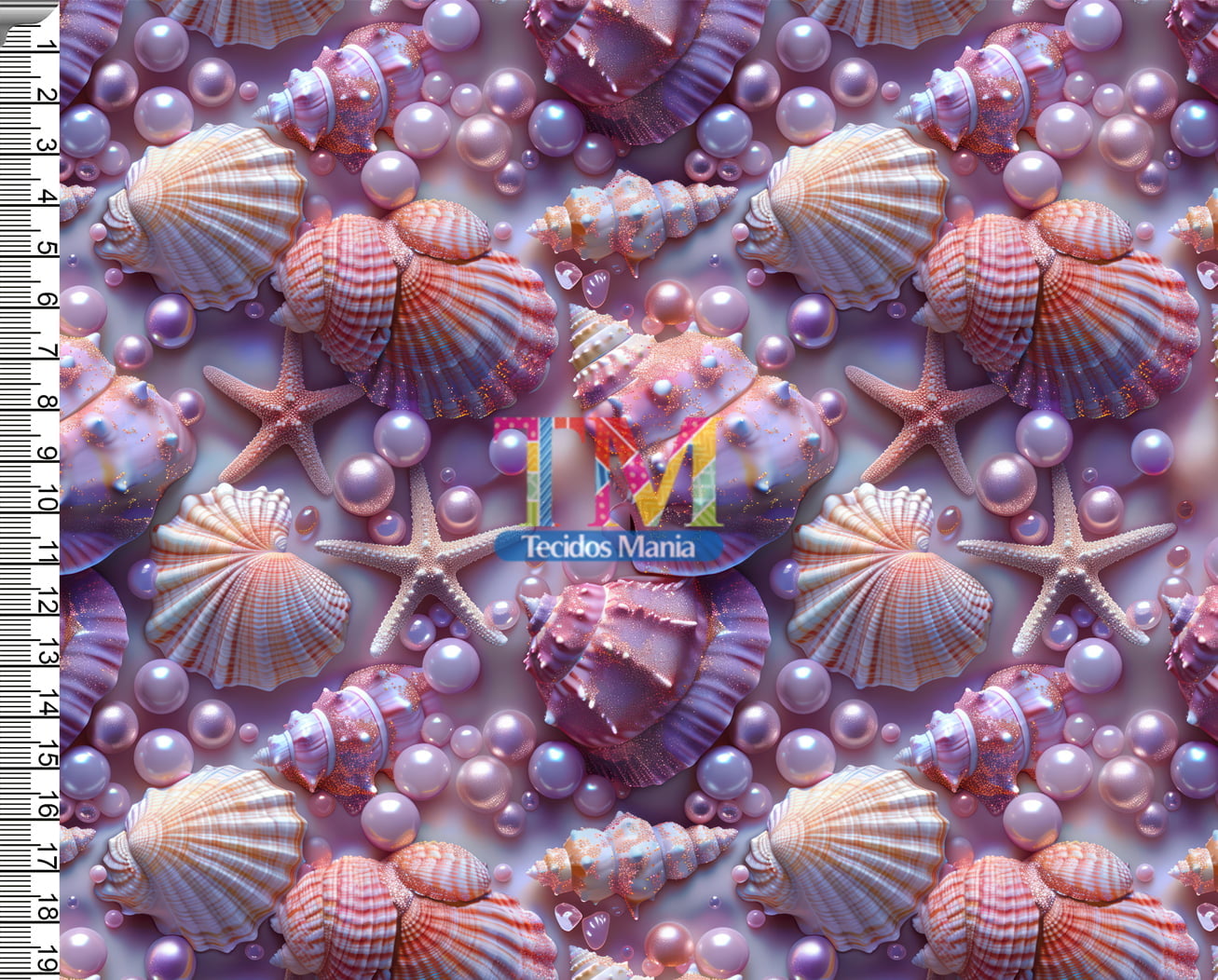 Tecido Oxford Estampa Digital - Conchas e Pérolas - Roxo - 3D