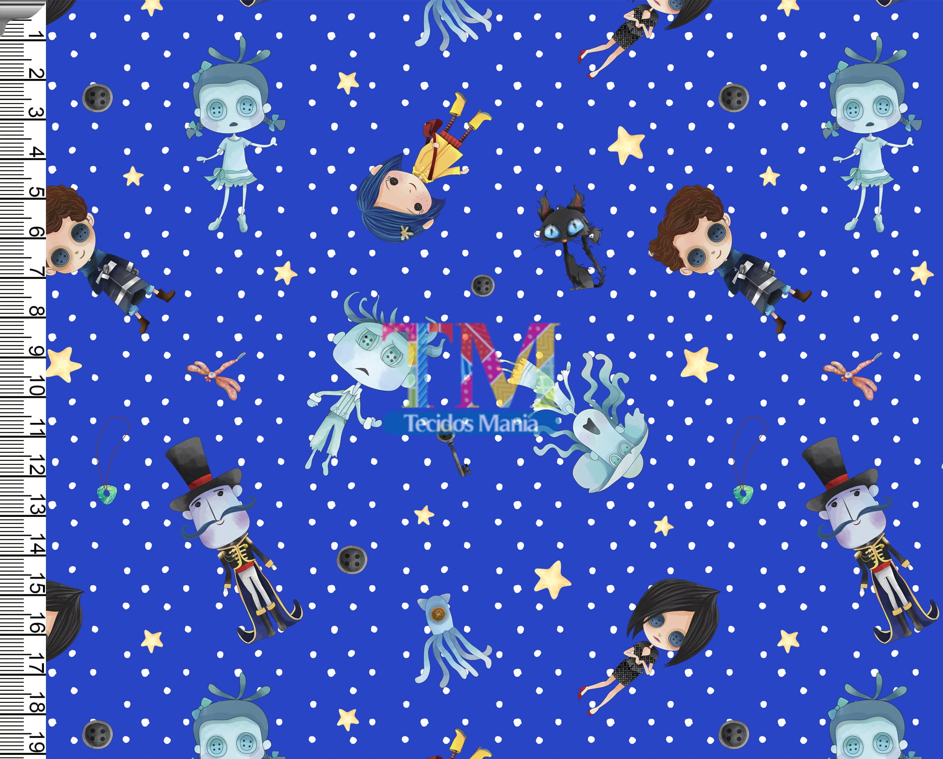 Tecido Oxford Estampa Digital - Coraline - Bolinha - Fundo Azul