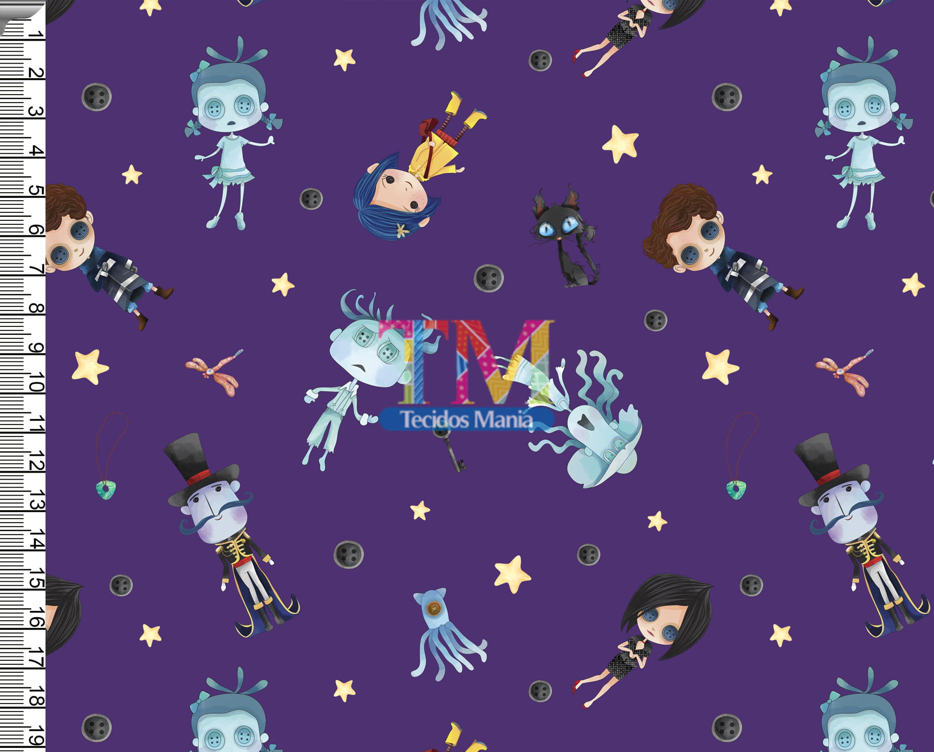 Tecido Oxford Estampa Digital - Coraline - Fundo Roxo