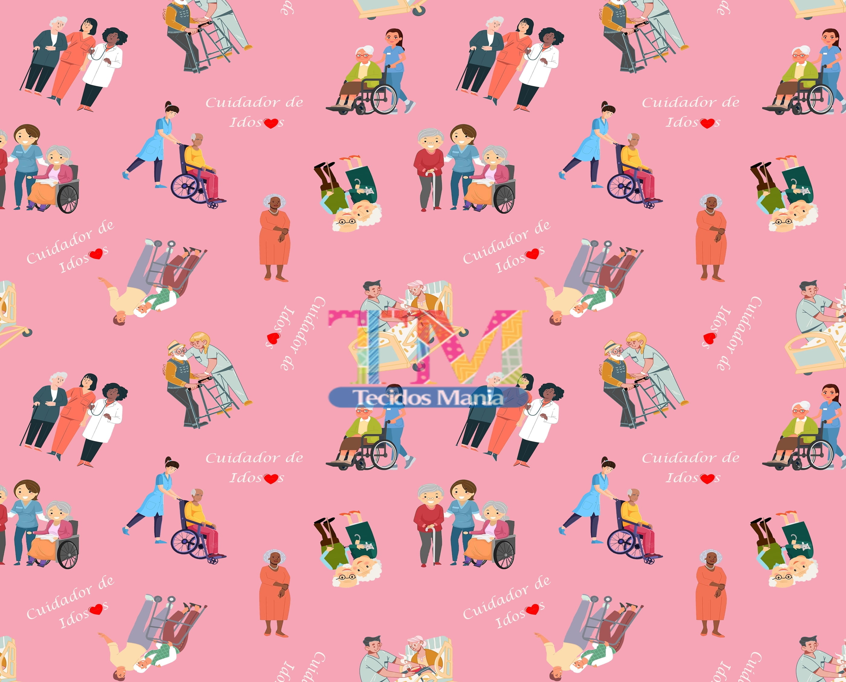 Tecido Oxford Estampa Digital - Cuidador de idosos - Love - Fundo Rosa