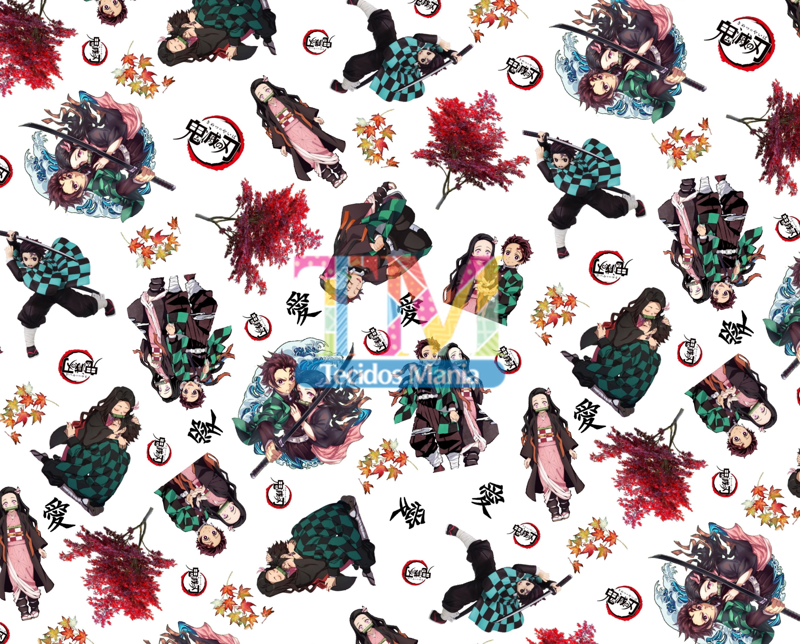 Tecido Oxford Estampa Digital - Demon Slayer - Nezuko e Tanjiro - Fundo Branco