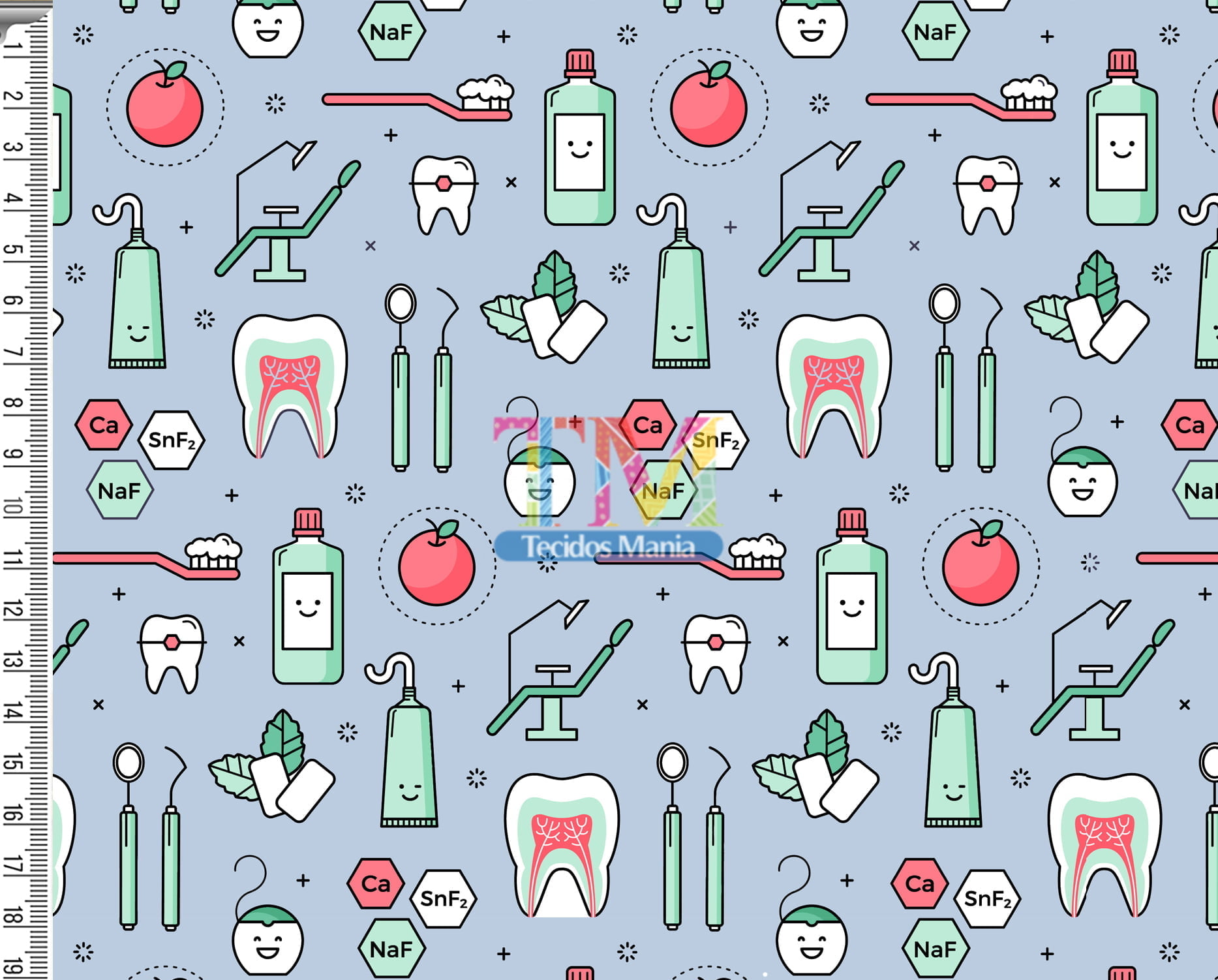 Tecido Oxford Estampa Digital - Dentista - Fundo Azul