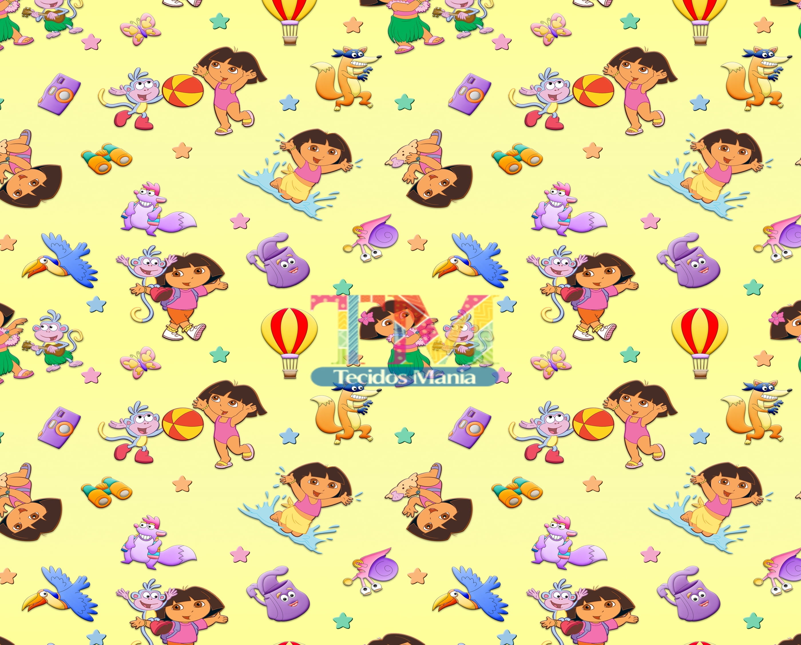 Tecido Oxford Estampa Digital - Dora Aventureira - Fundo Amarelo