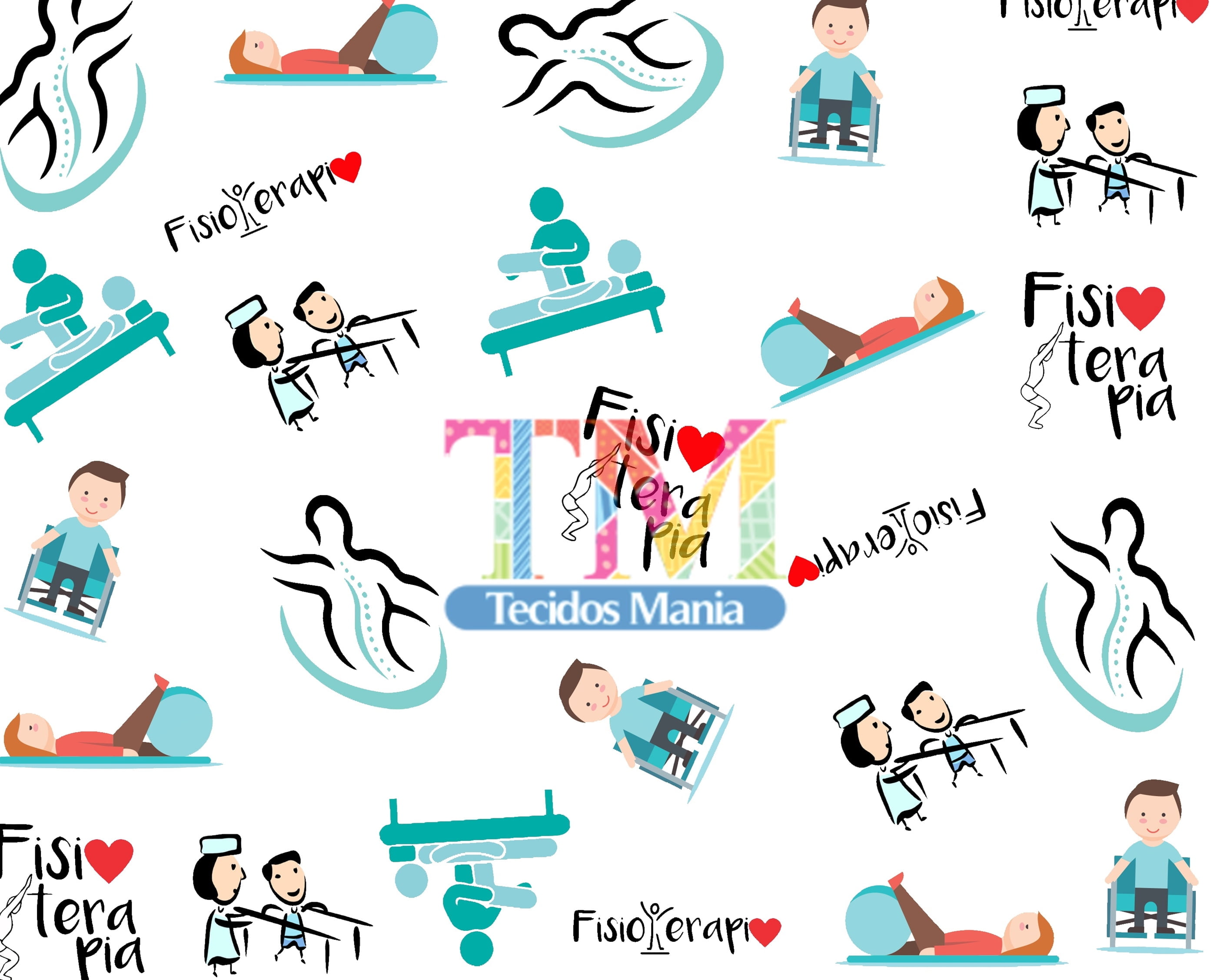 Tecido Oxford Estampa Digital - Fisioterapia - Fundo Branco