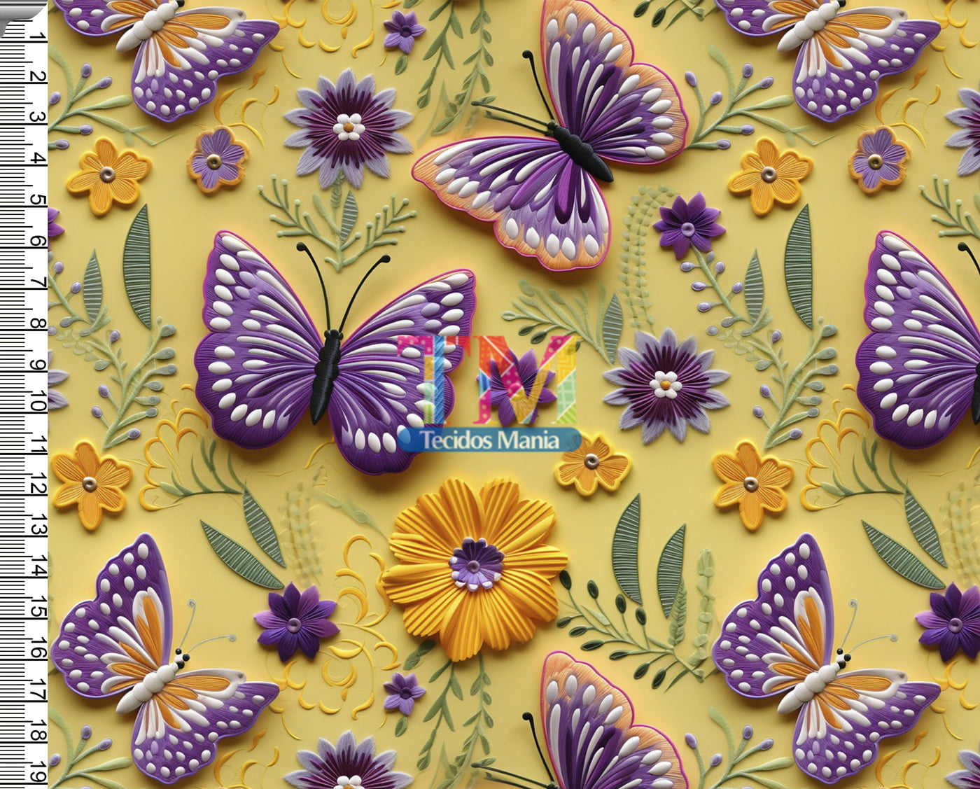 Tecido Oxford Estampa Digital - Floral - Borboletas - Amarelo - 3D