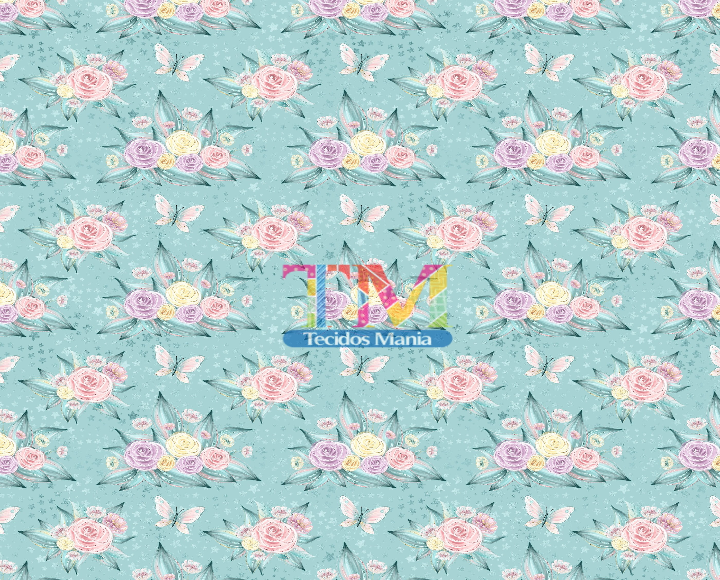Tecido Oxford Estampa Digital - Flores E Borboletas - Fundo Tiffany