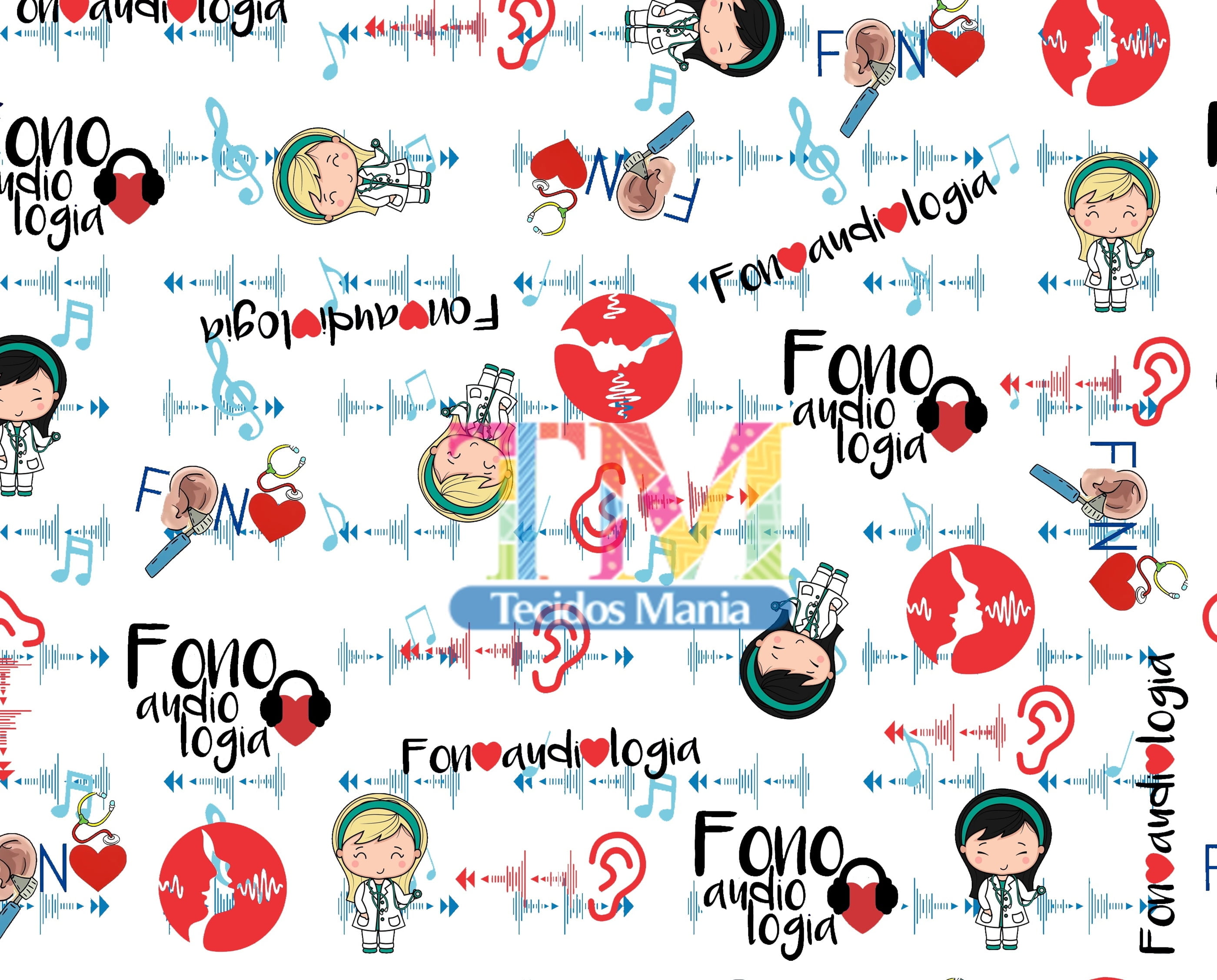 Tecido Oxford Estampa Digital - Fonoaudiologia - Fundo Branco
