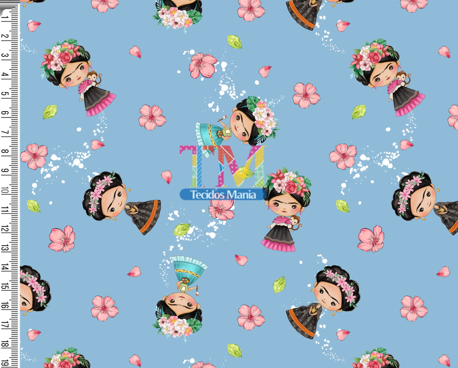 Tecido Oxford Estampa Digital - Frida Kahlo - Flores - Fundo Azul