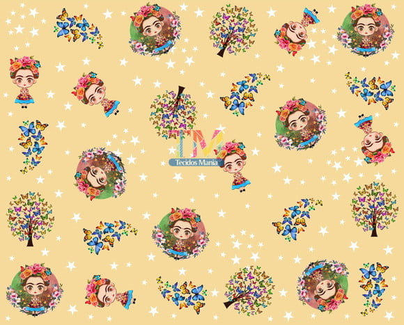 Tecido Oxford Estampa Digital - Frida Kahlo - Fundo Amarelo