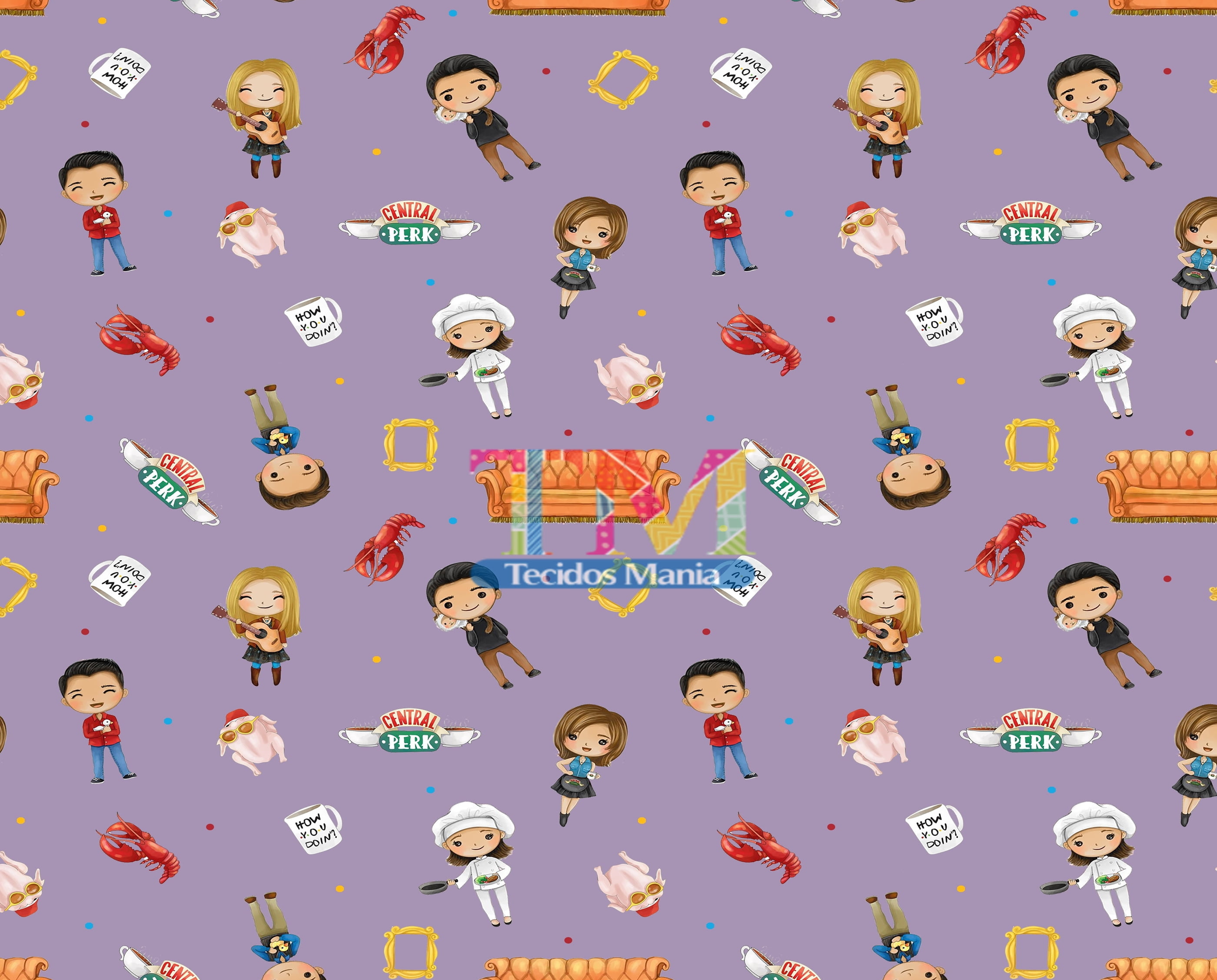 Tecido Oxford Estampa Digital - Friends - Aquarela - Fundo Lilás