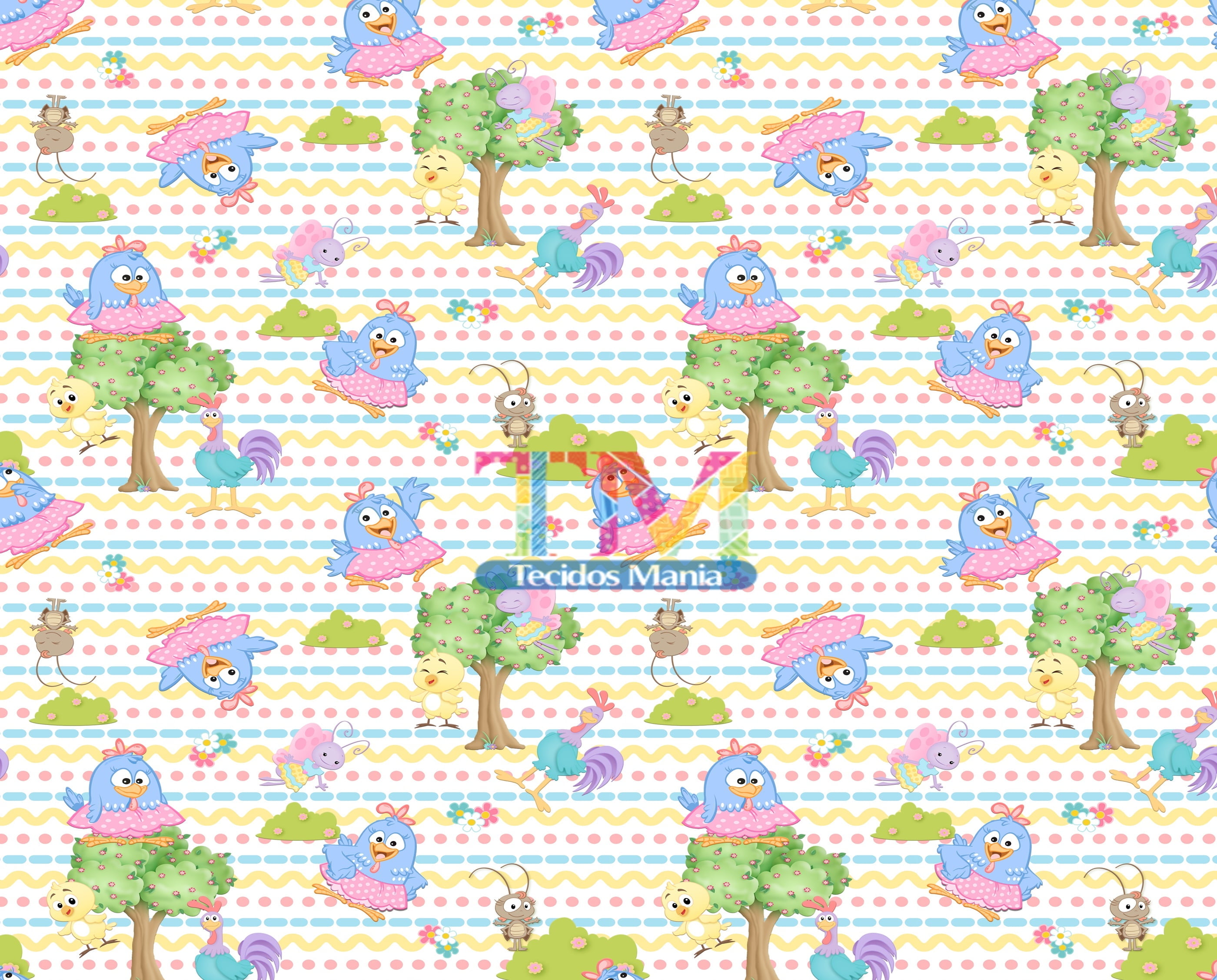 Tecido Oxford Estampa Digital - Galinha Pintadinha - Fundo Bolinhas