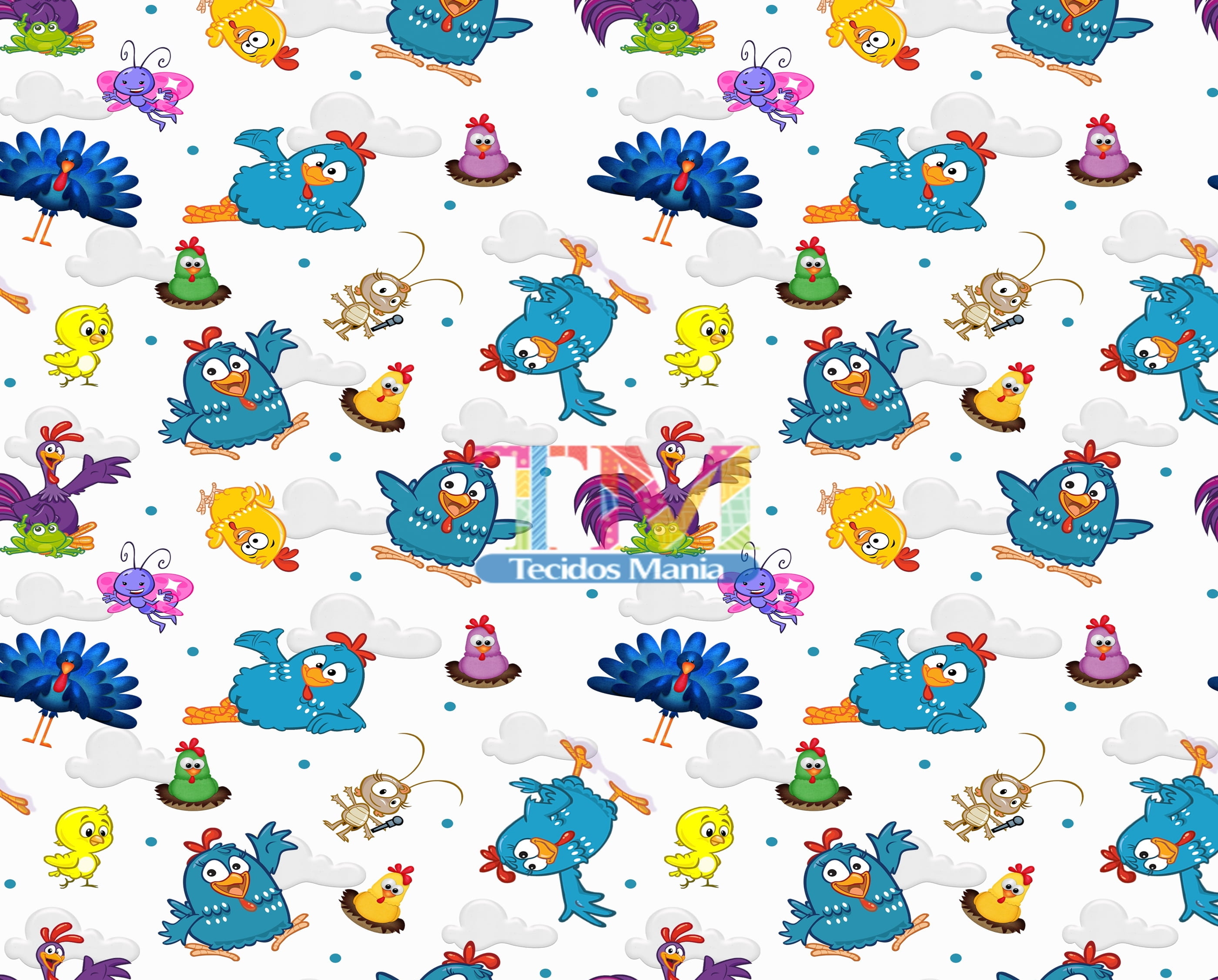 Tecido Oxford Estampa Digital - Galinha Pintadinha - Fundo Branco