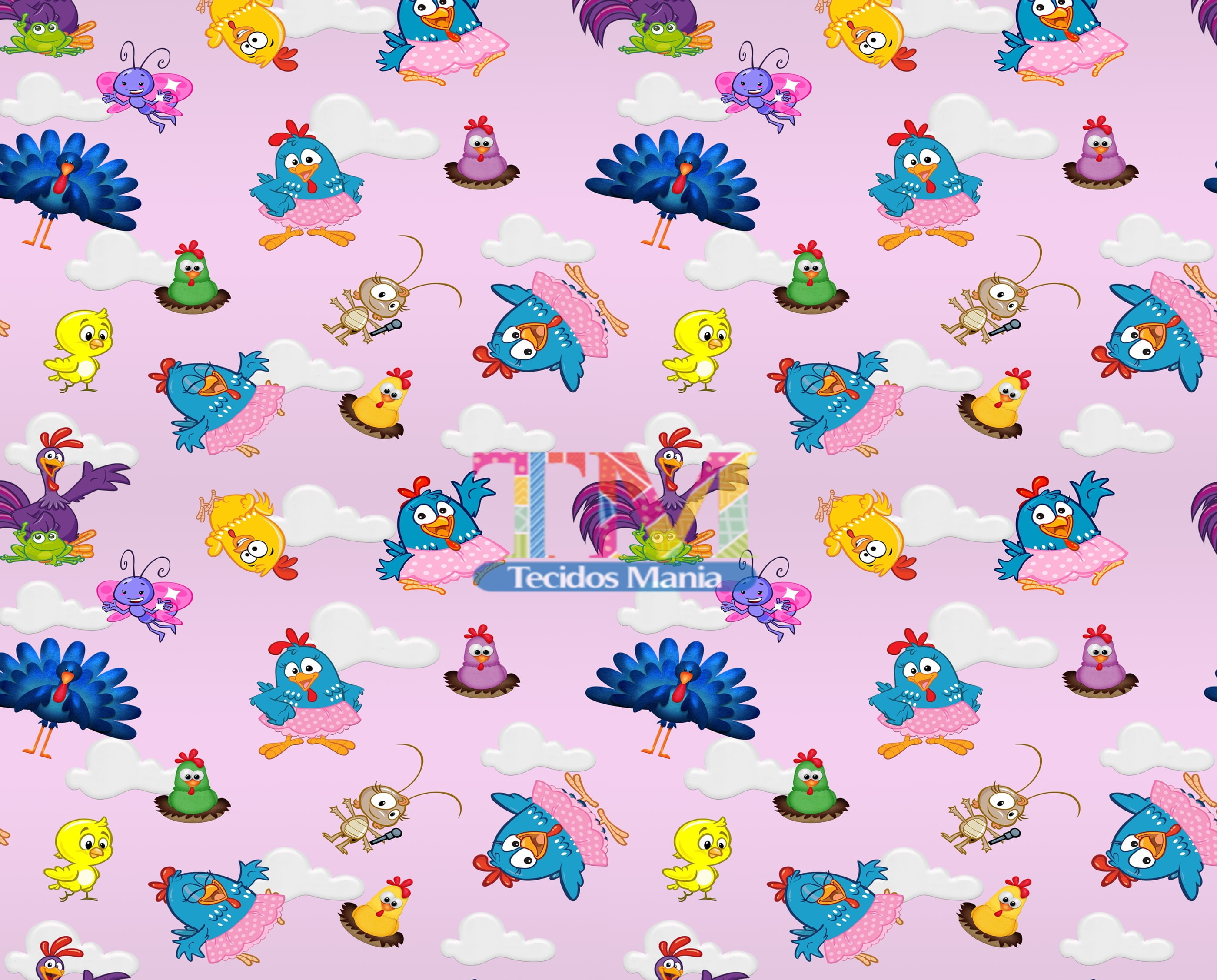 Tecido Oxford Estampa Digital - Galinha Pintadinha - Fundo Rosa