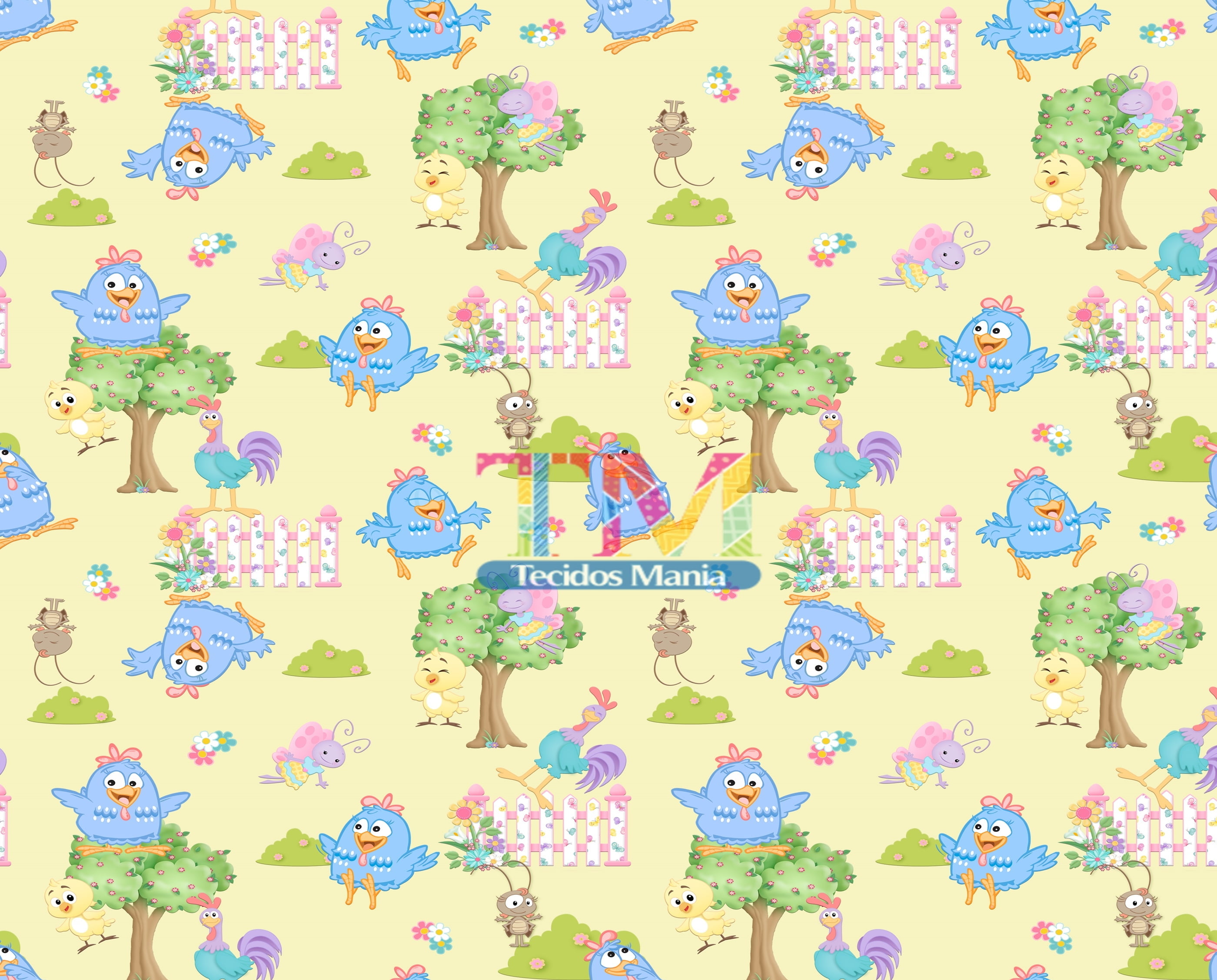 Tecido Oxford Estampa Digital - Galinha Pintadinha - Saia - Fundo Amarelo