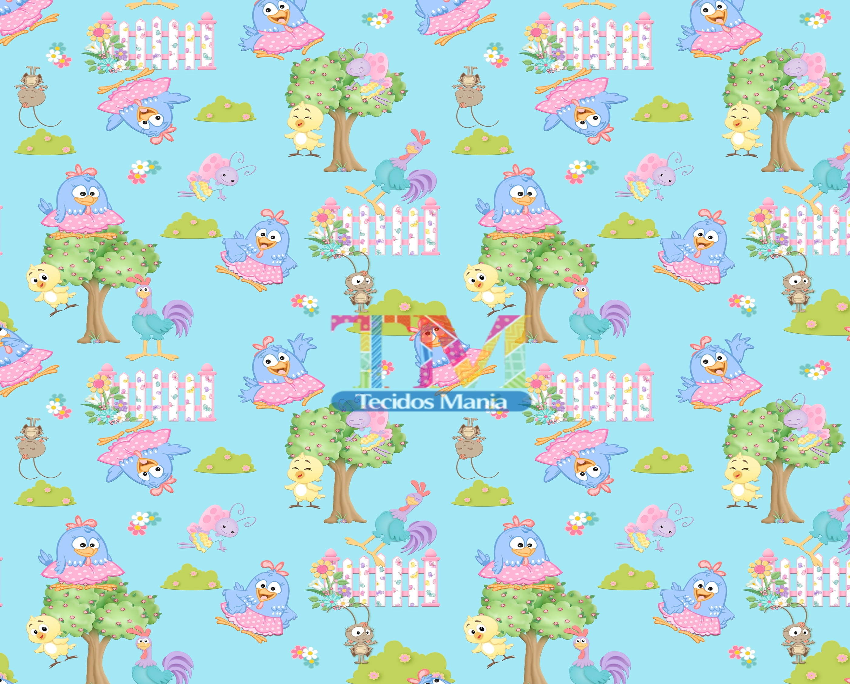 Tecido Oxford Estampa Digital - Galinha Pintadinha - Saia - Fundo Azul