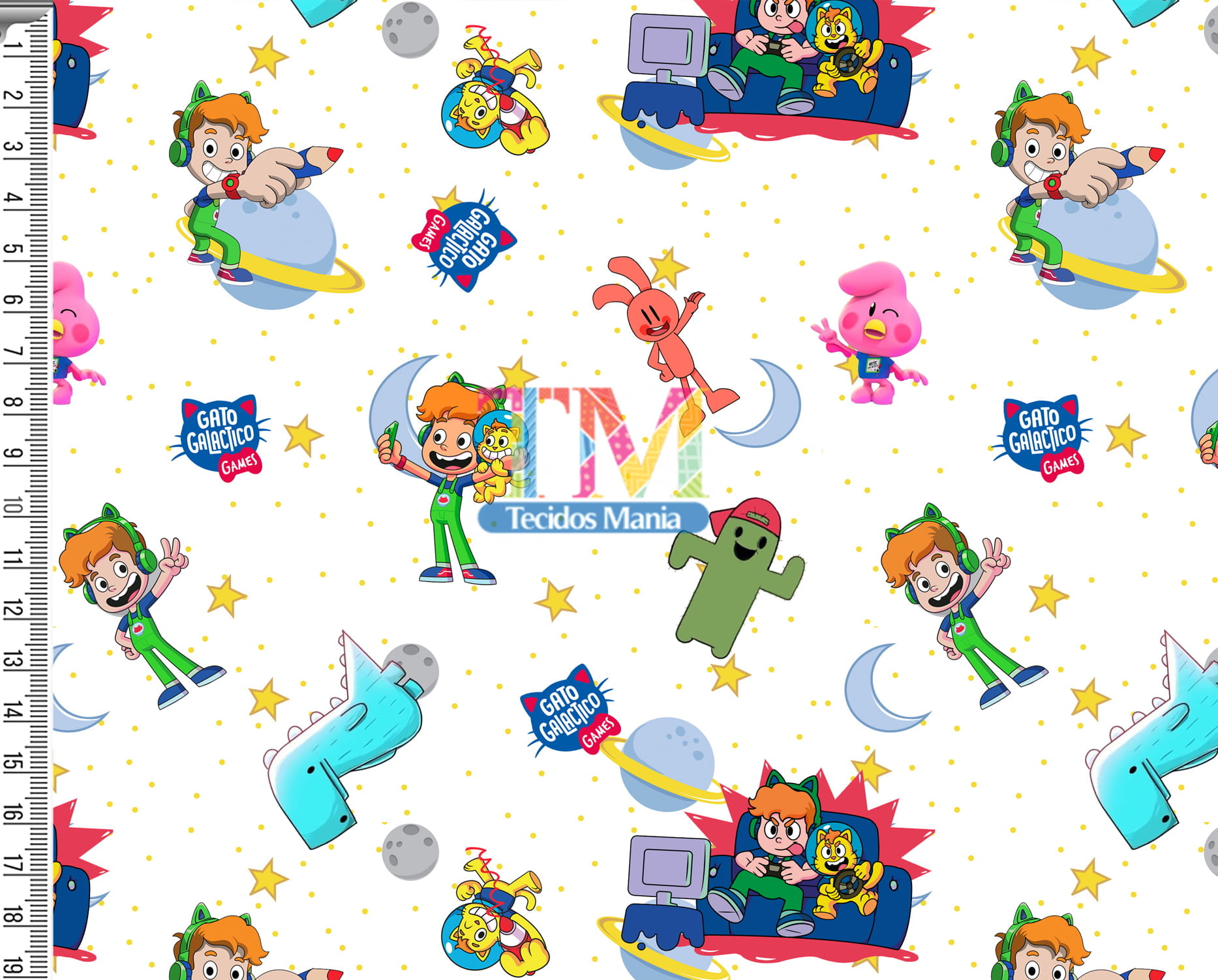 Tecido Oxford Estampa Digital - Gato Galactico - Estrelas - Fundo Branco